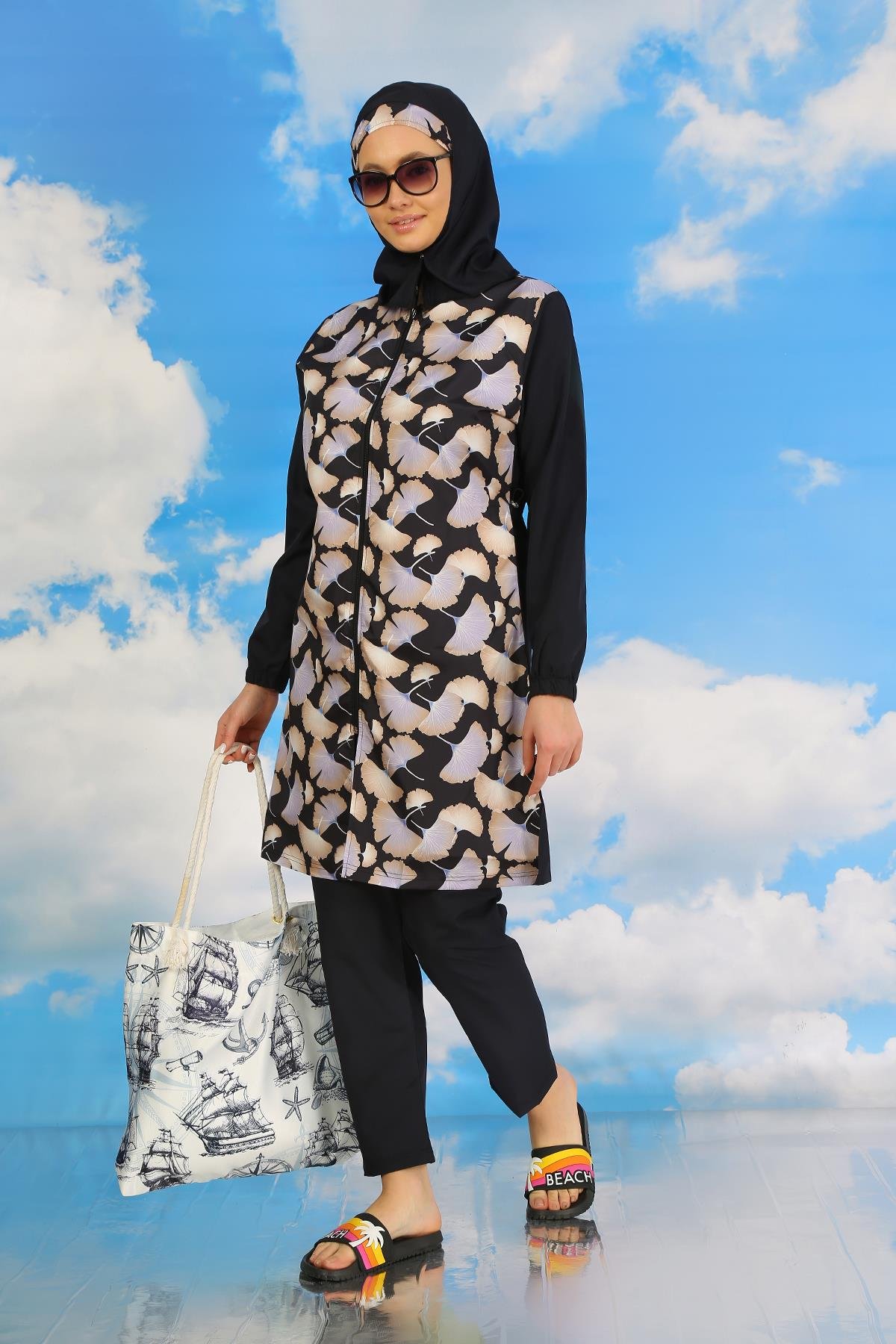 Akbeniz Kadın Pantolonlu Desenli Tam Tesettür Mayo Lacivert 31070