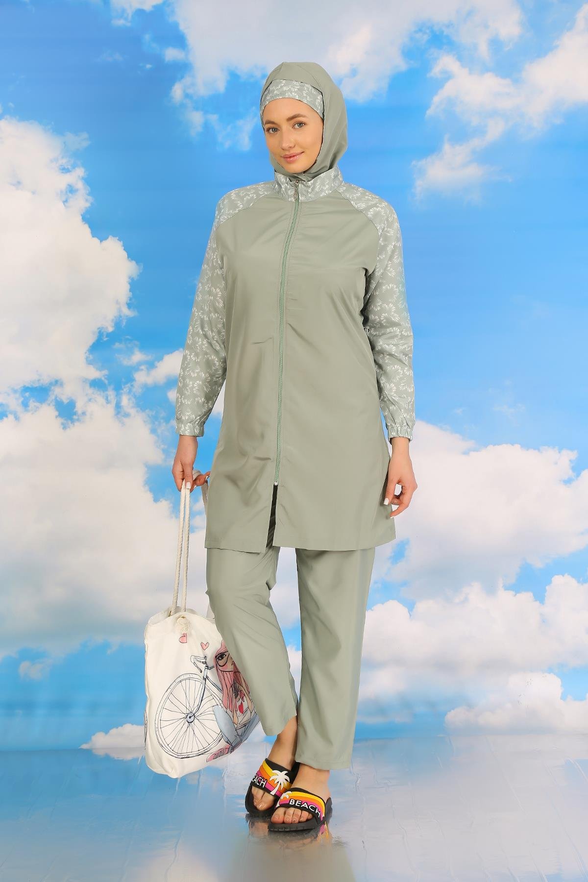 Akbeniz Kadın Pantolonlu Desenli Tam Tesettür Mayo Su Yeşili 31072