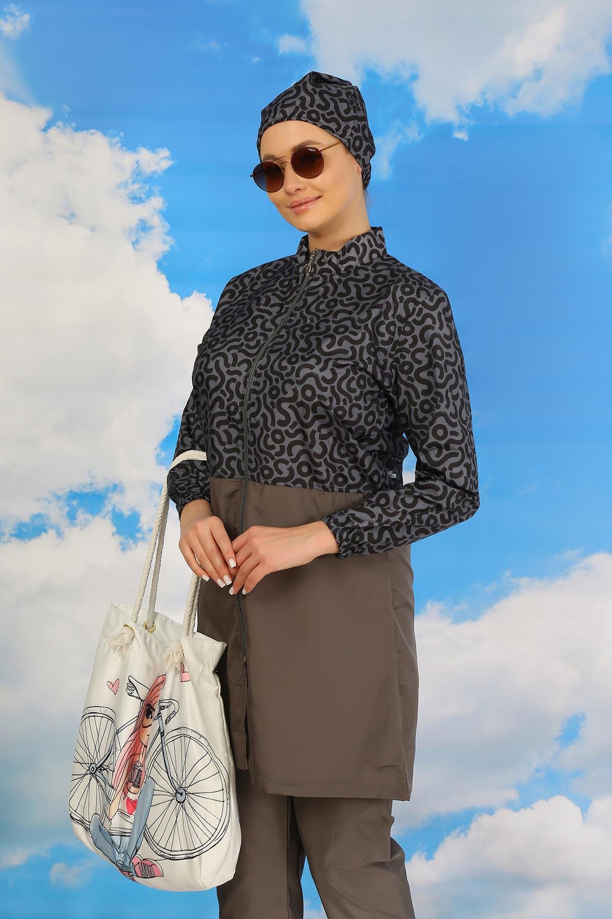 Akbeniz Kadın Pantolonlu Desenli Tam Tesettür Mayo Füme 31074