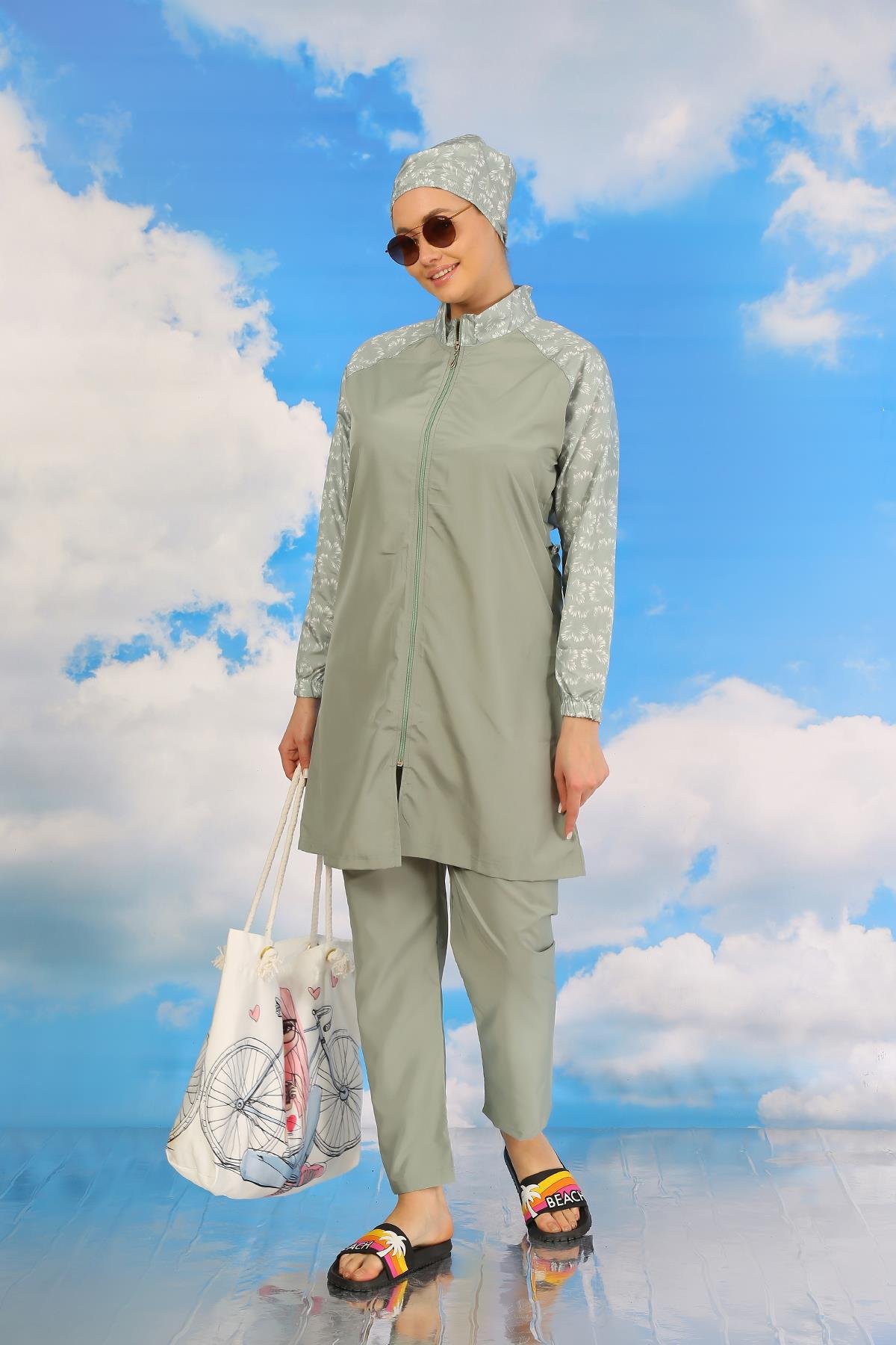 Akbeniz Kadın Pantolonlu Desenli Tam Tesettür Mayo Su Yeşili 31072