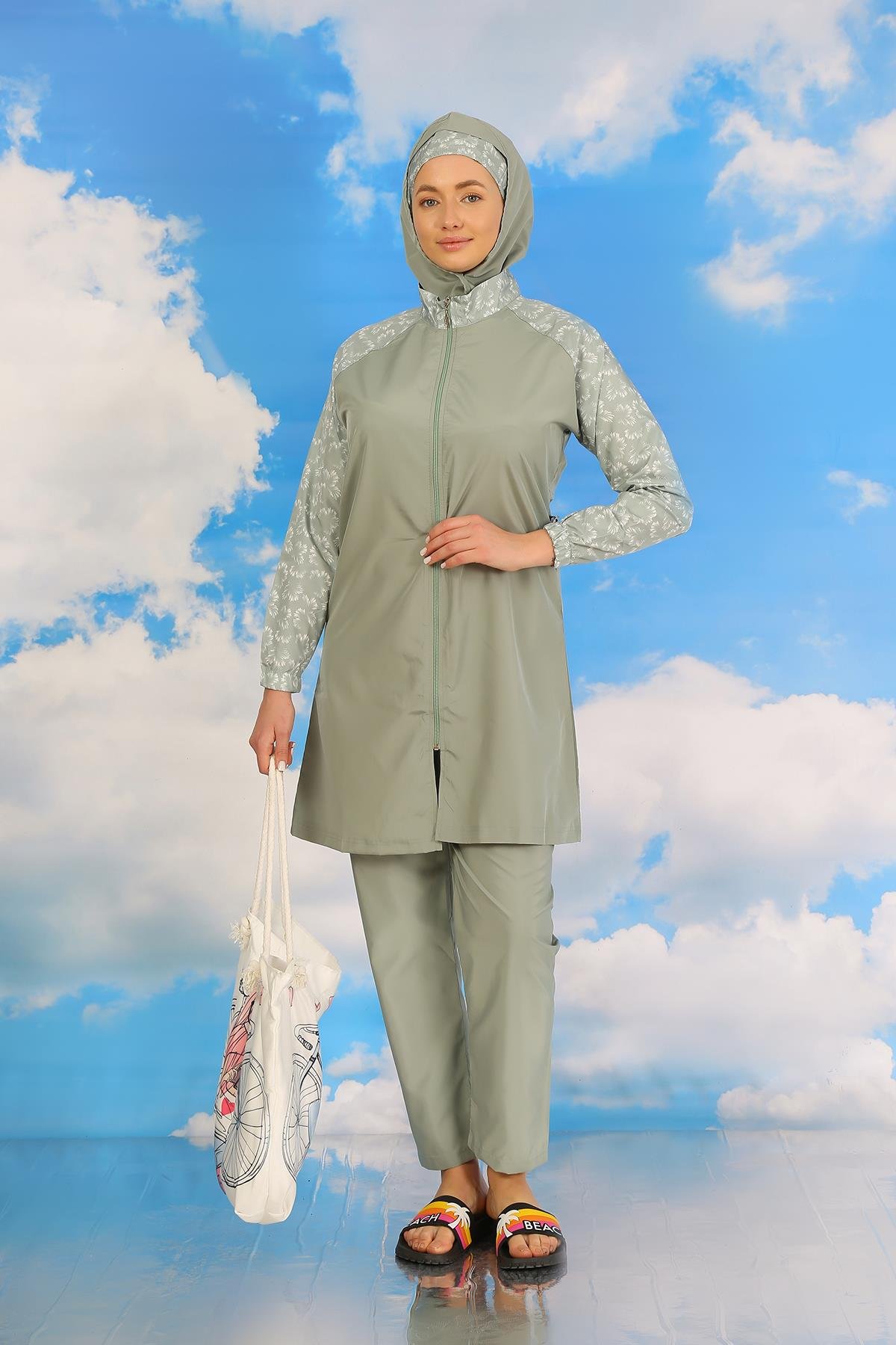 Akbeniz Kadın Pantolonlu Desenli Tam Tesettür Mayo Su Yeşili 31072