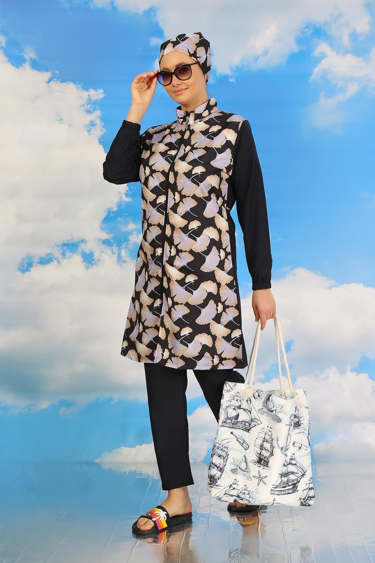 Akbeniz Kadın Pantolonlu Desenli Tam Tesettür Mayo Lacivert 31070