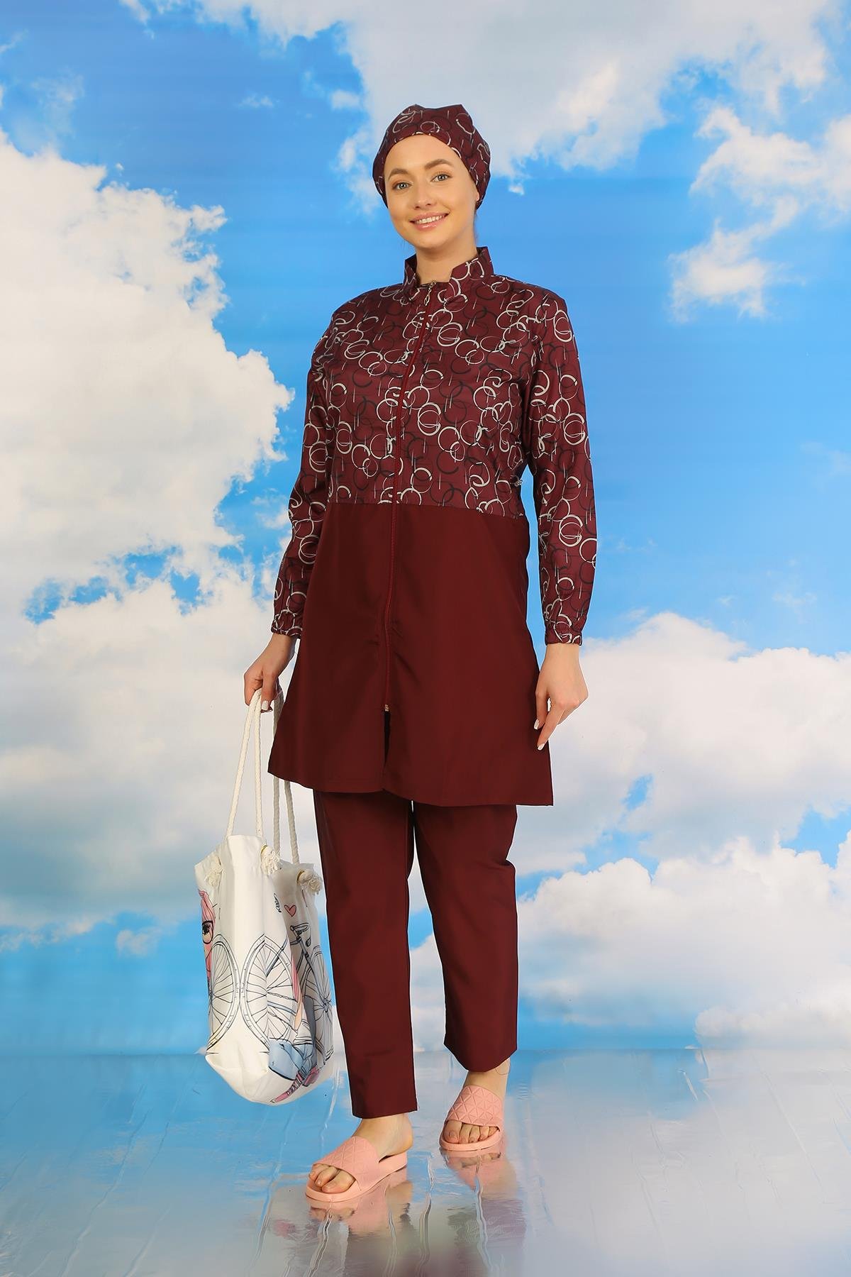 Akbeniz Kadın Pantolonlu Desenli Tam Tesettür Mayo Bordo 31075