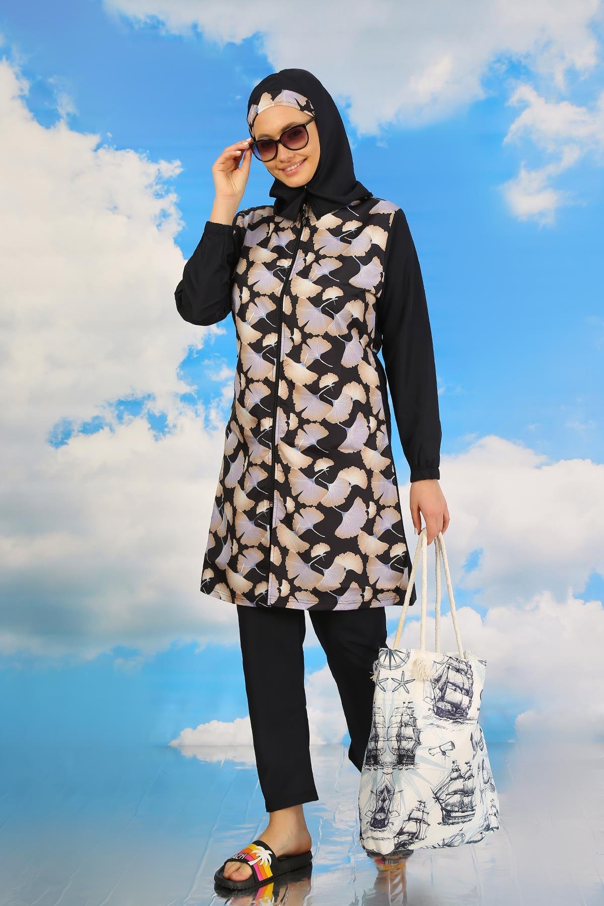 Akbeniz Kadın Pantolonlu Desenli Tam Tesettür Mayo Lacivert 31070