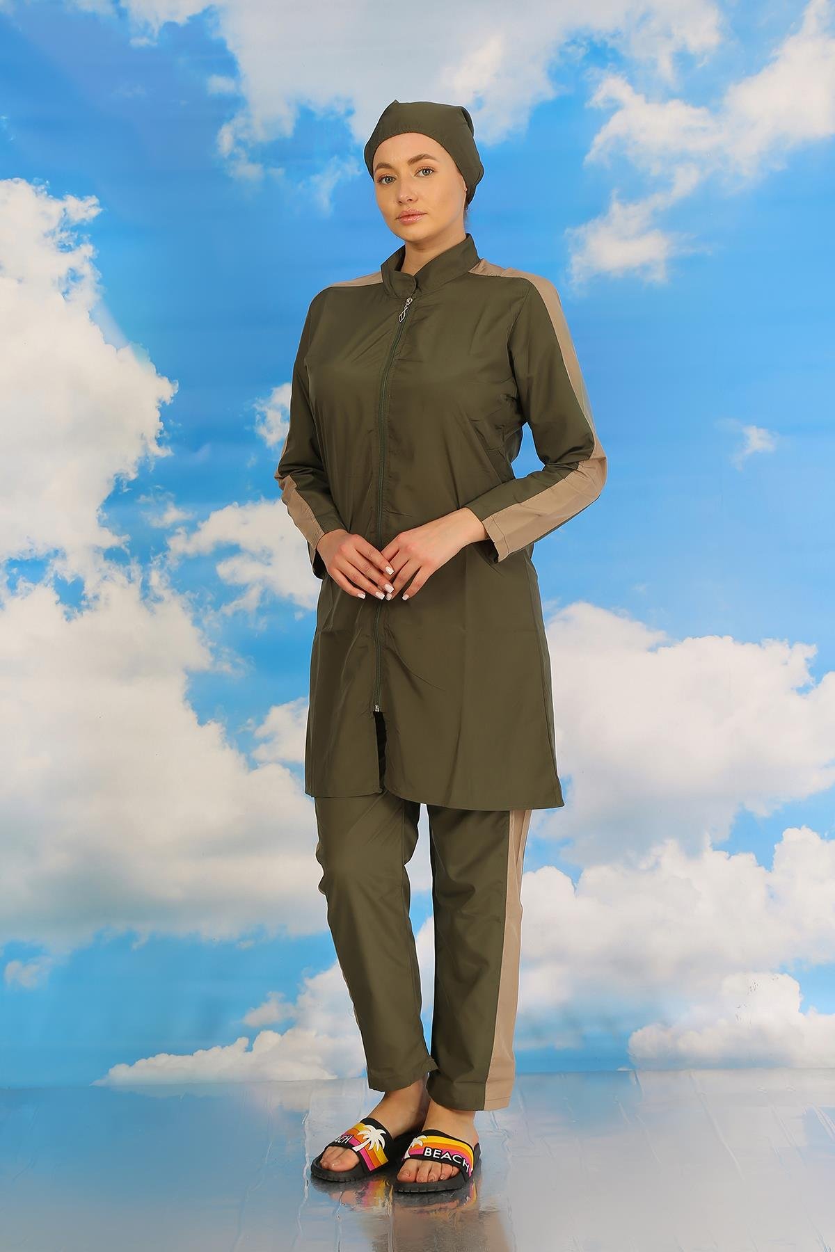 Akbeniz Kadın Pantolonlu Kolu Şeritli Tam Tesettür Mayo Haki 31065