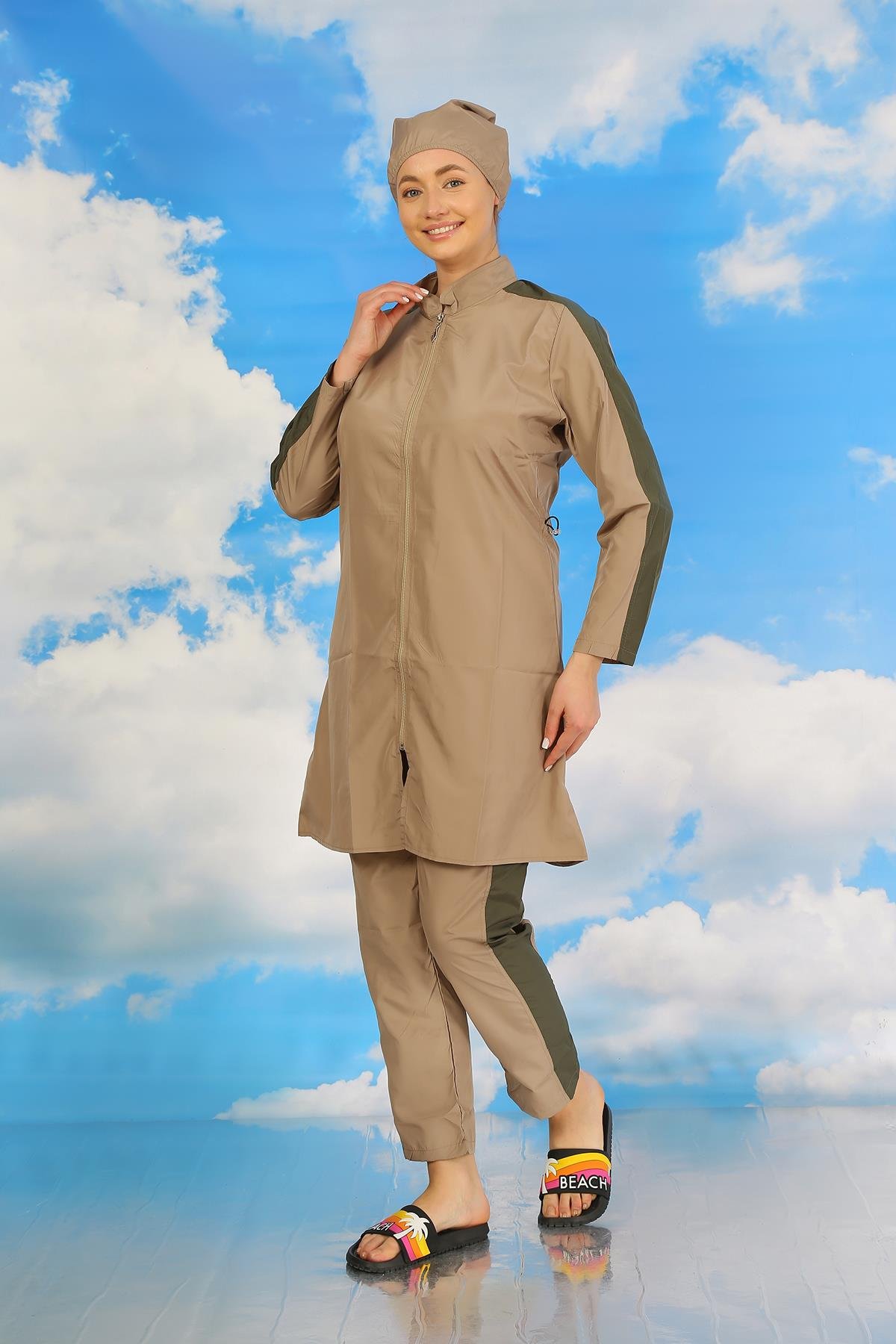 Akbeniz Kadın Pantolonlu Kolu Şeritli Tam Tesettür Mayo Bej 31065