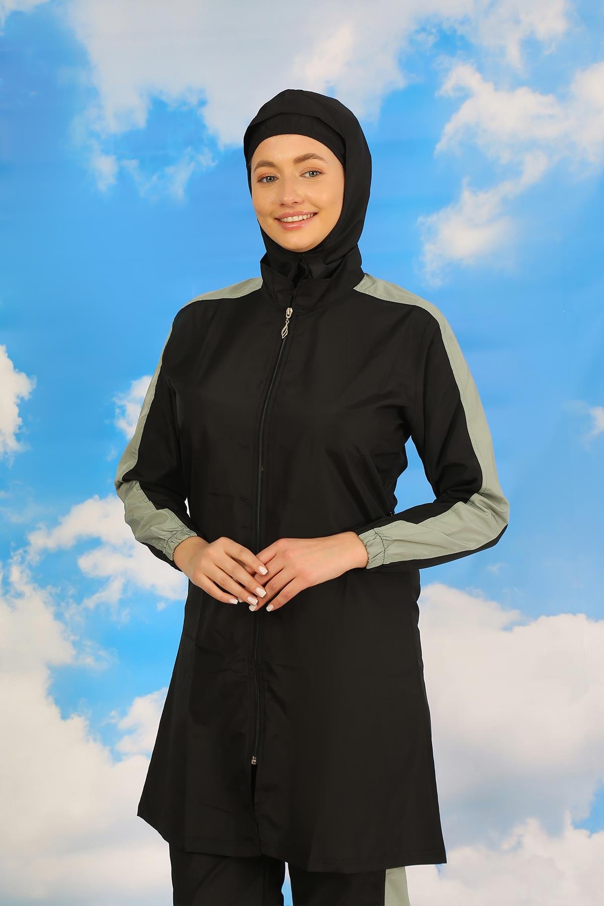 Akbeniz Kadın Pantolonlu Kolu Şeritli Tam Tesettür Mayo Siyah 31066