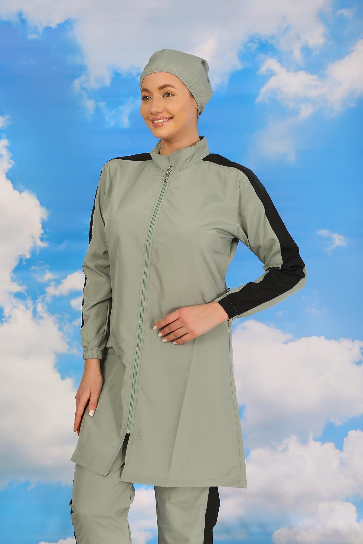 Akbeniz Kadın Pantolonlu Kolu Şeritli Tam Tesettür Mayo Su Yeşili 31065