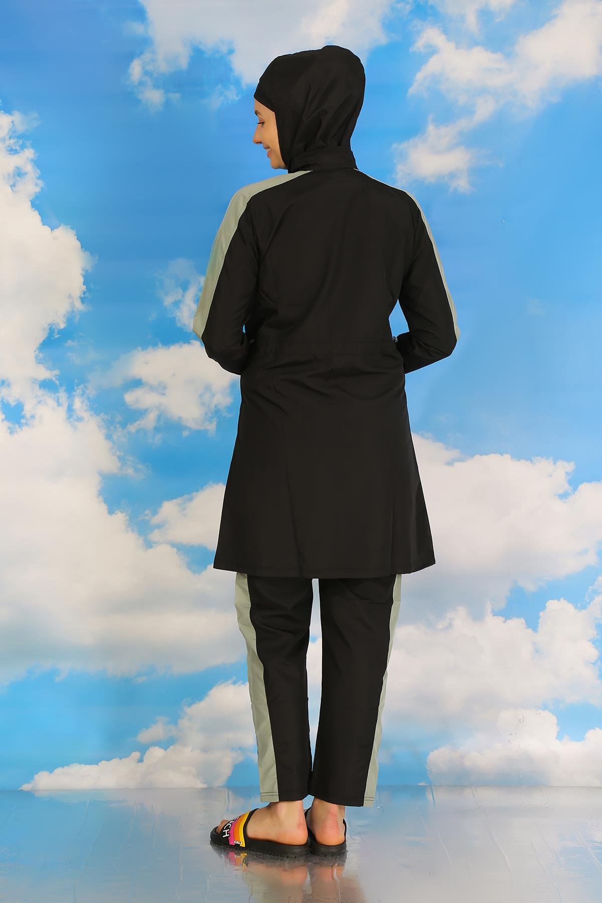 Akbeniz Kadın Pantolonlu Kolu Şeritli Tam Tesettür Mayo Siyah 31066