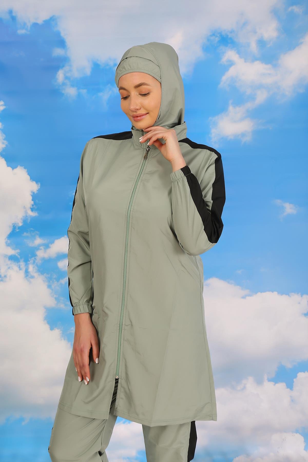 Akbeniz Kadın Pantolonlu Kolu Şeritli Tam Tesettür Mayo Su Yeşili 31065