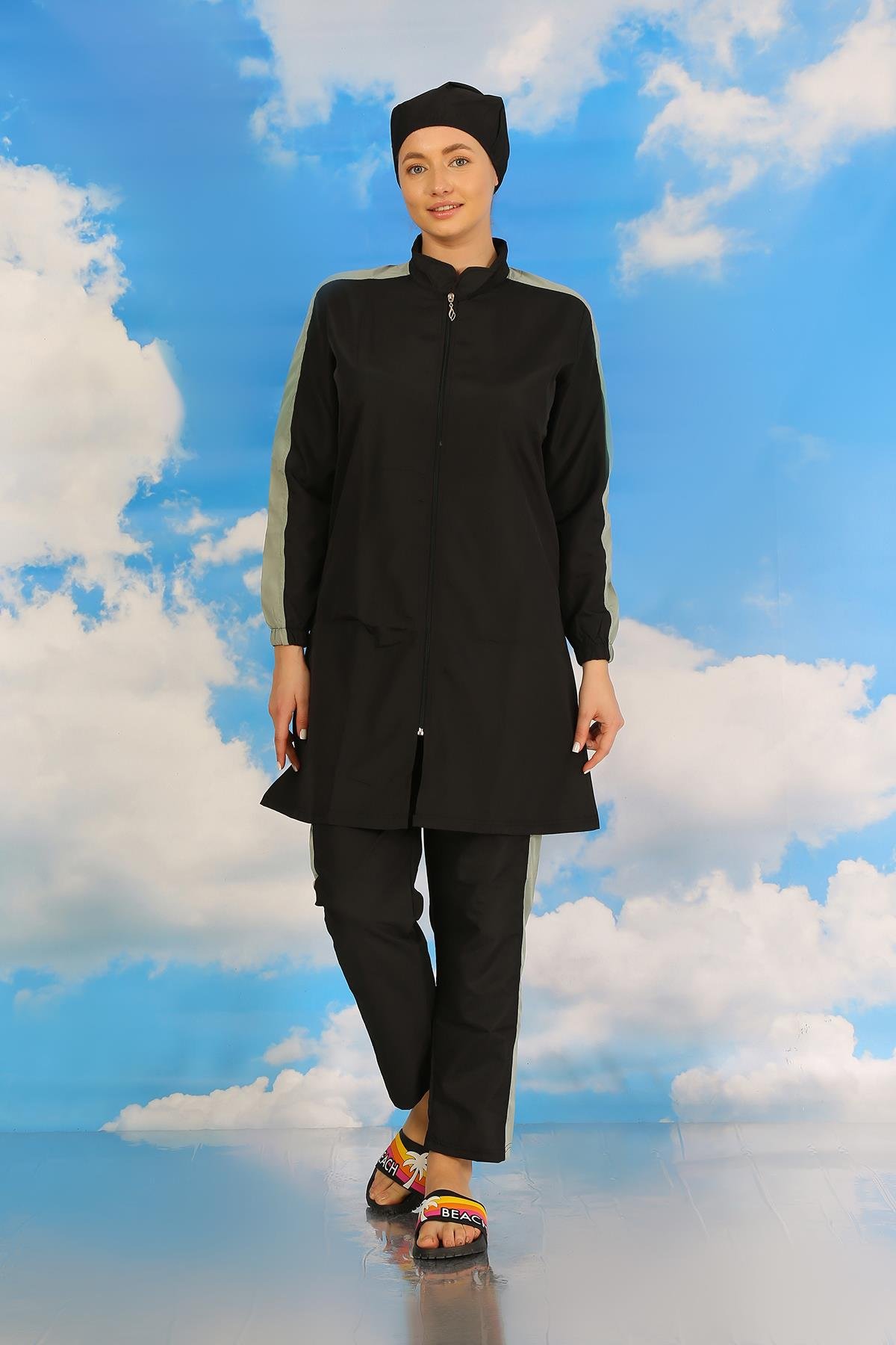 Akbeniz Kadın Pantolonlu Kolu Şeritli Tam Tesettür Mayo Siyah 31066