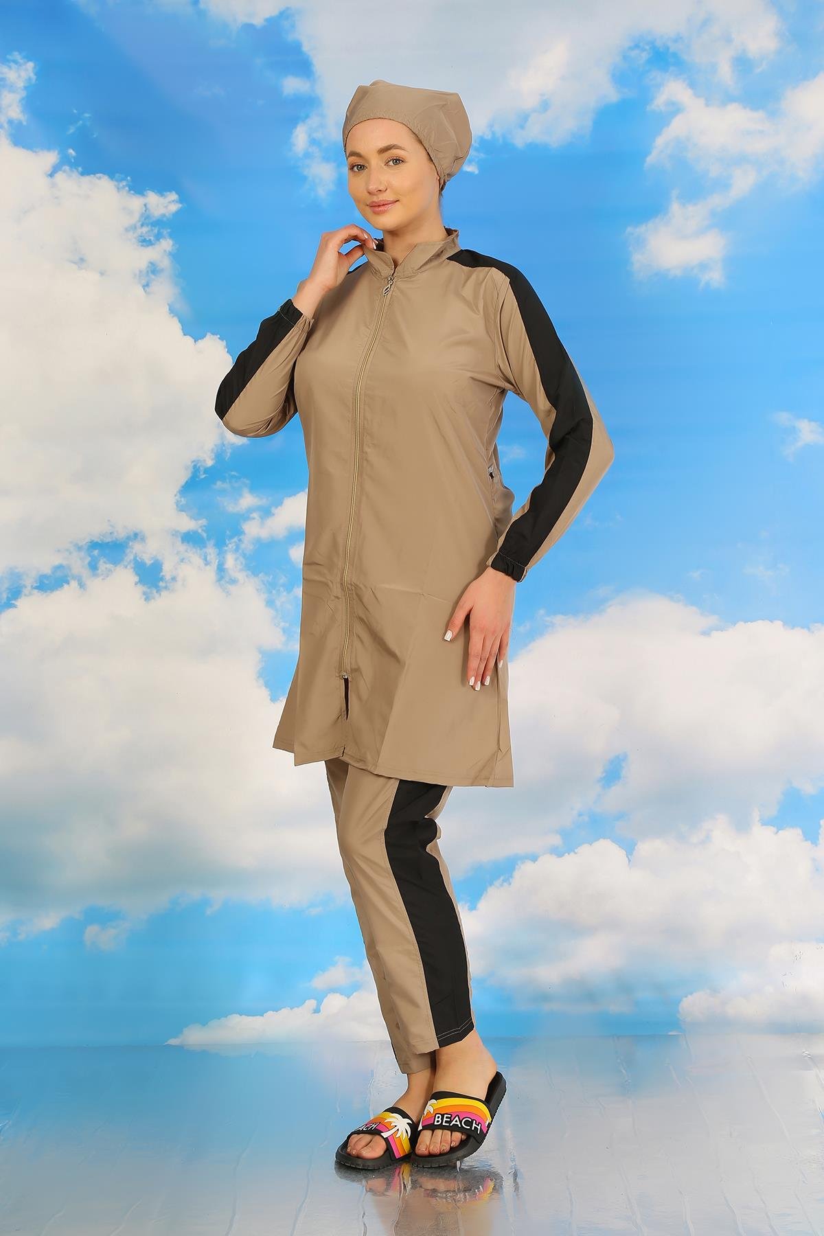 Akbeniz Kadın Pantolonlu Kolu Şeritli Tam Tesettür Mayo Bej 31066