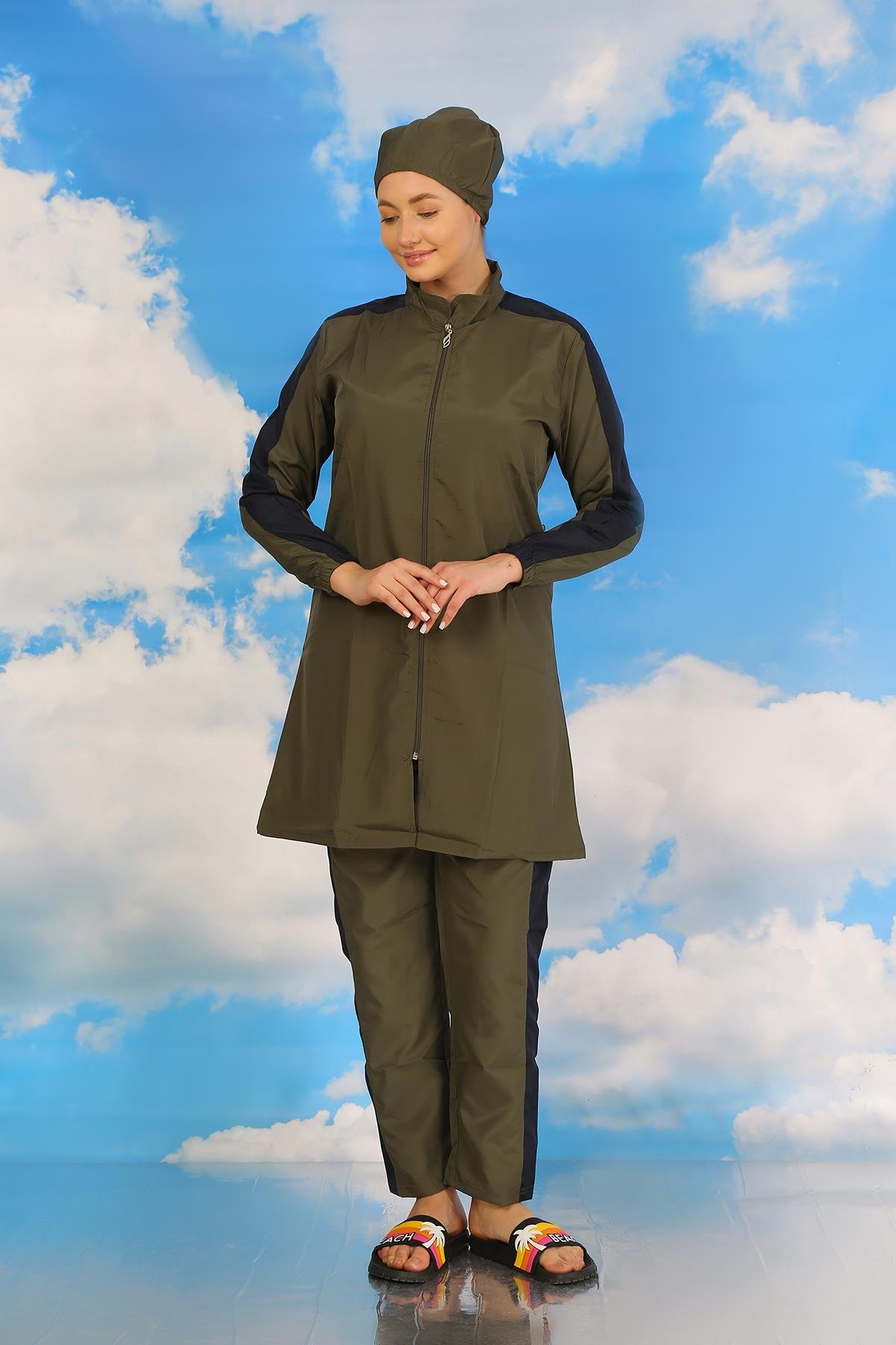 Akbeniz Kadın Pantolonlu Kolu Şeritli Tam Tesettür Mayo Haki 31066