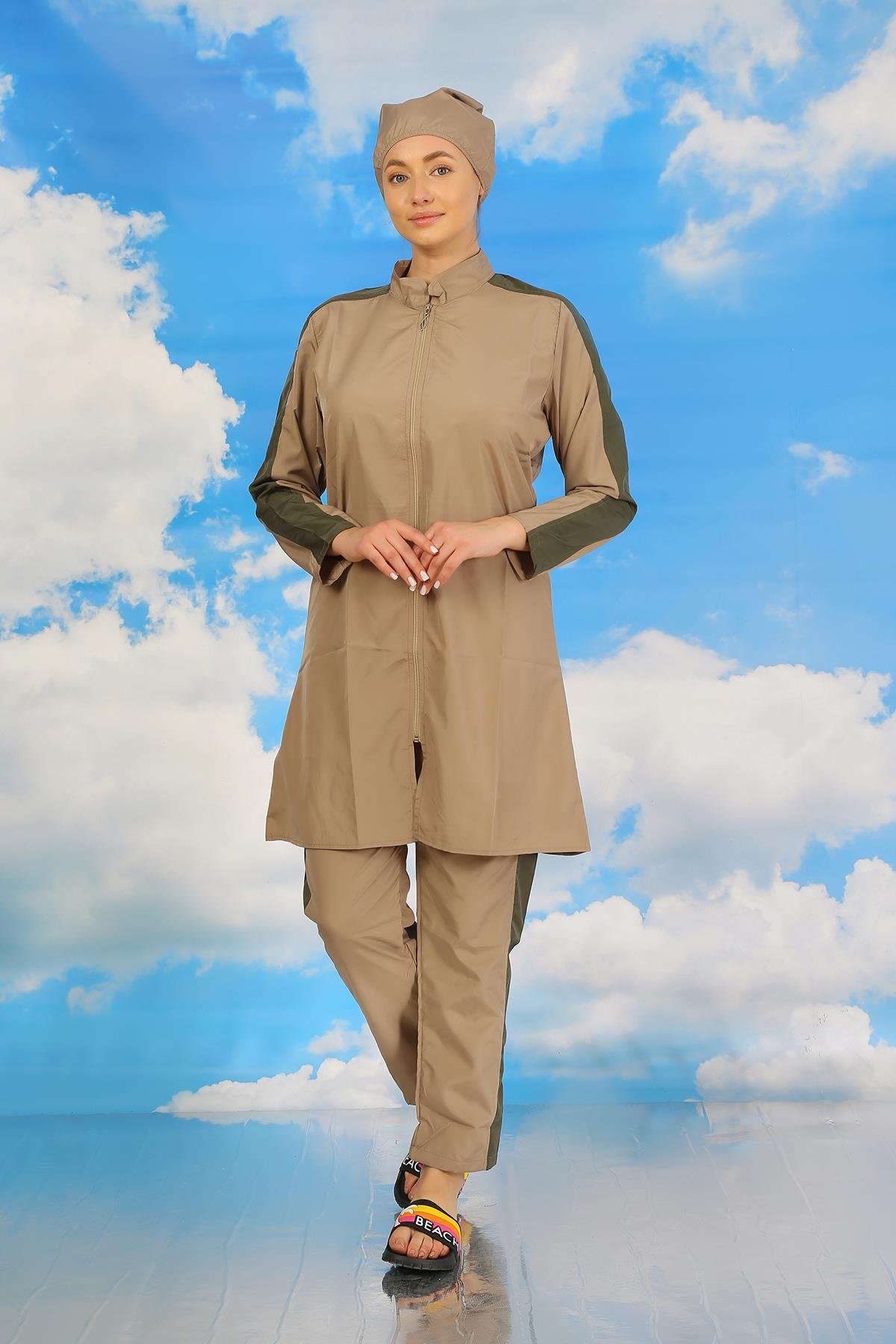 Akbeniz Kadın Pantolonlu Kolu Şeritli Tam Tesettür Mayo Bej 31065