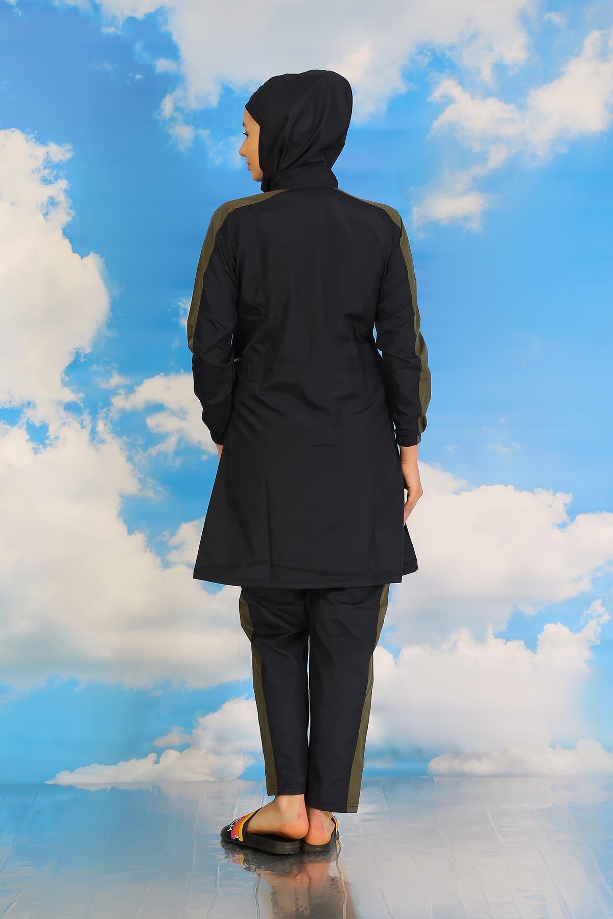 Akbeniz Kadın Pantolonlu Kolu Şeritli Tam Tesettür Mayo Lacivert 31065