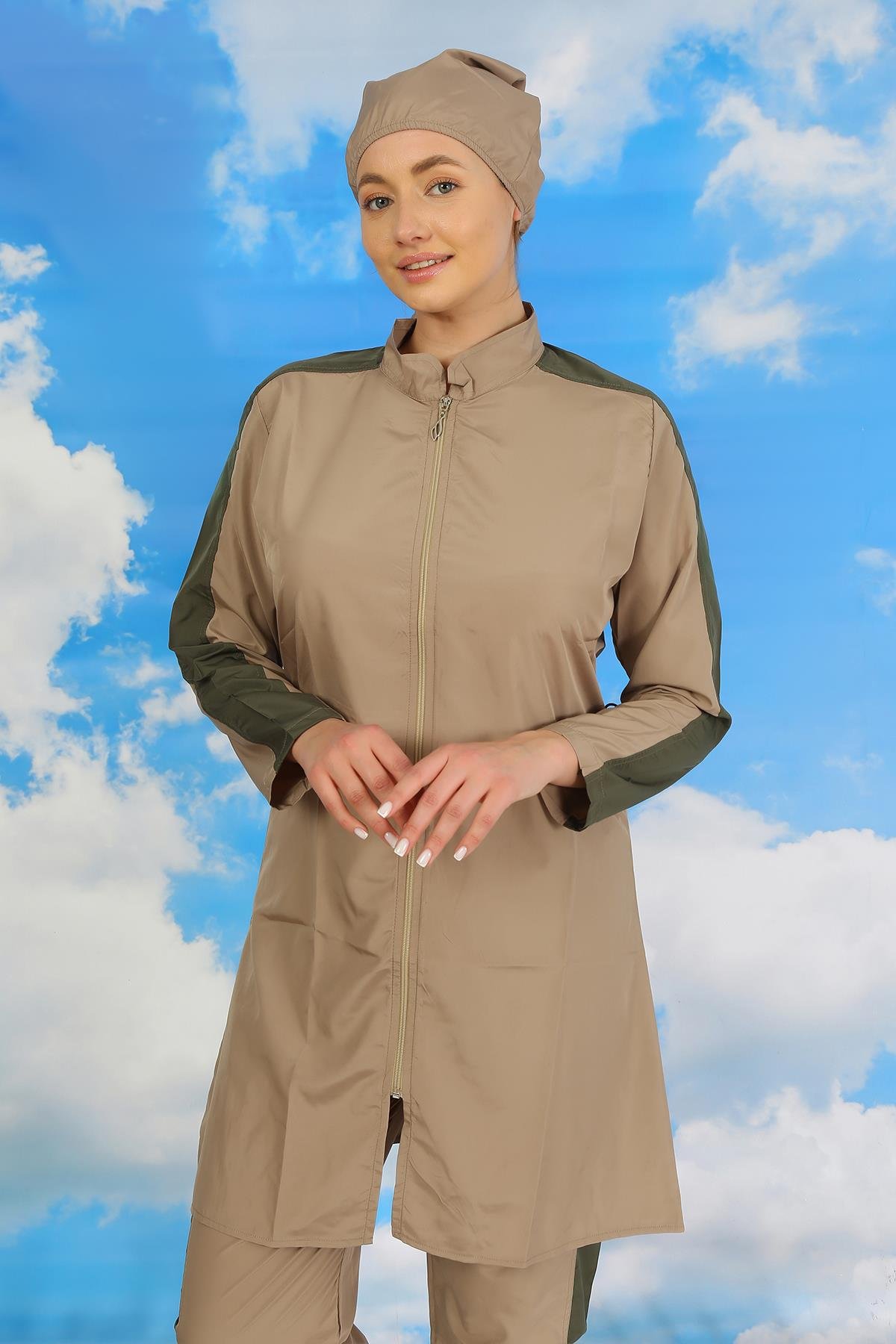 Akbeniz Kadın Pantolonlu Kolu Şeritli Tam Tesettür Mayo Bej 31065