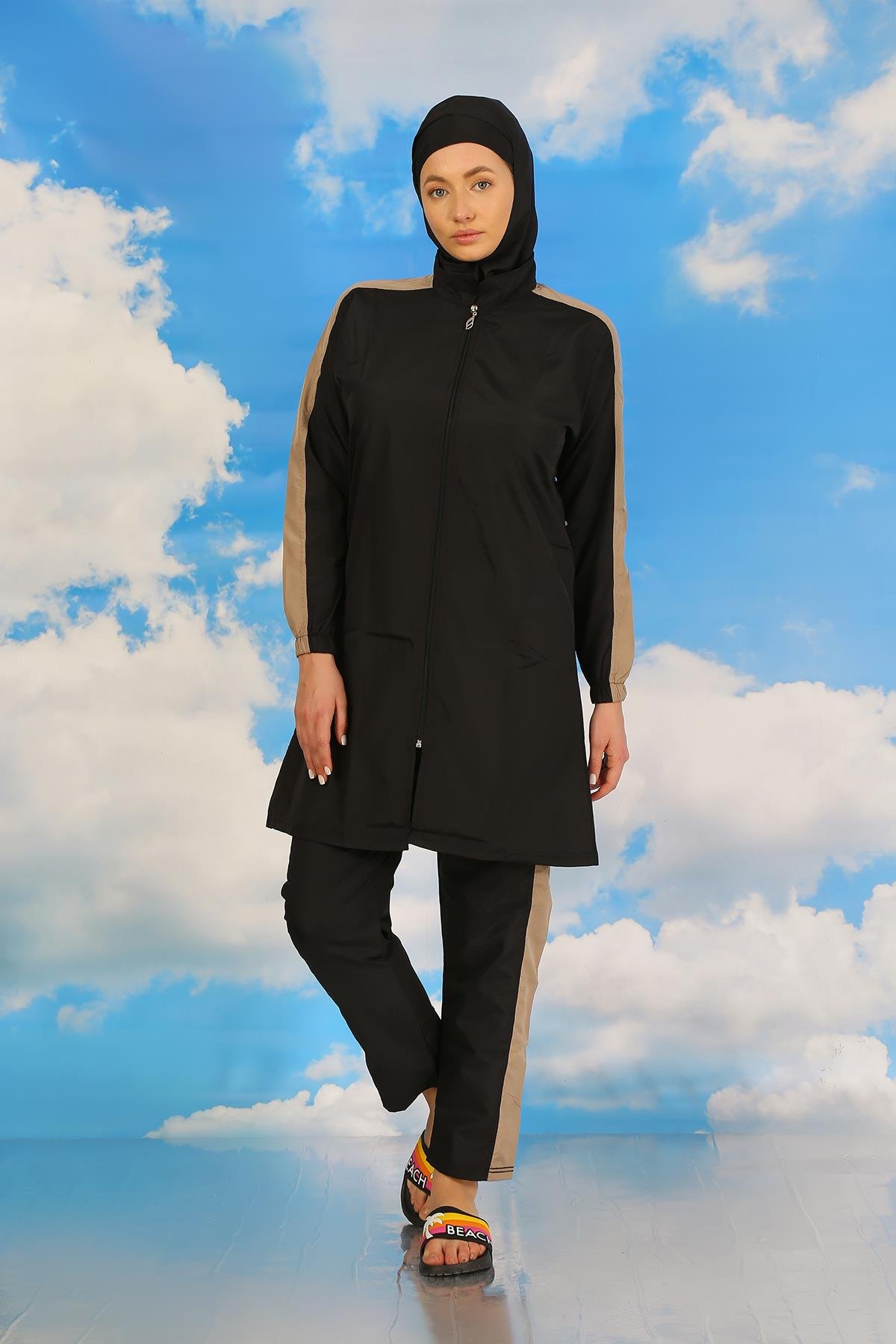 Akbeniz Kadın Pantolonlu Kolu Şeritli Tam Tesettür Mayo Siyah 31065