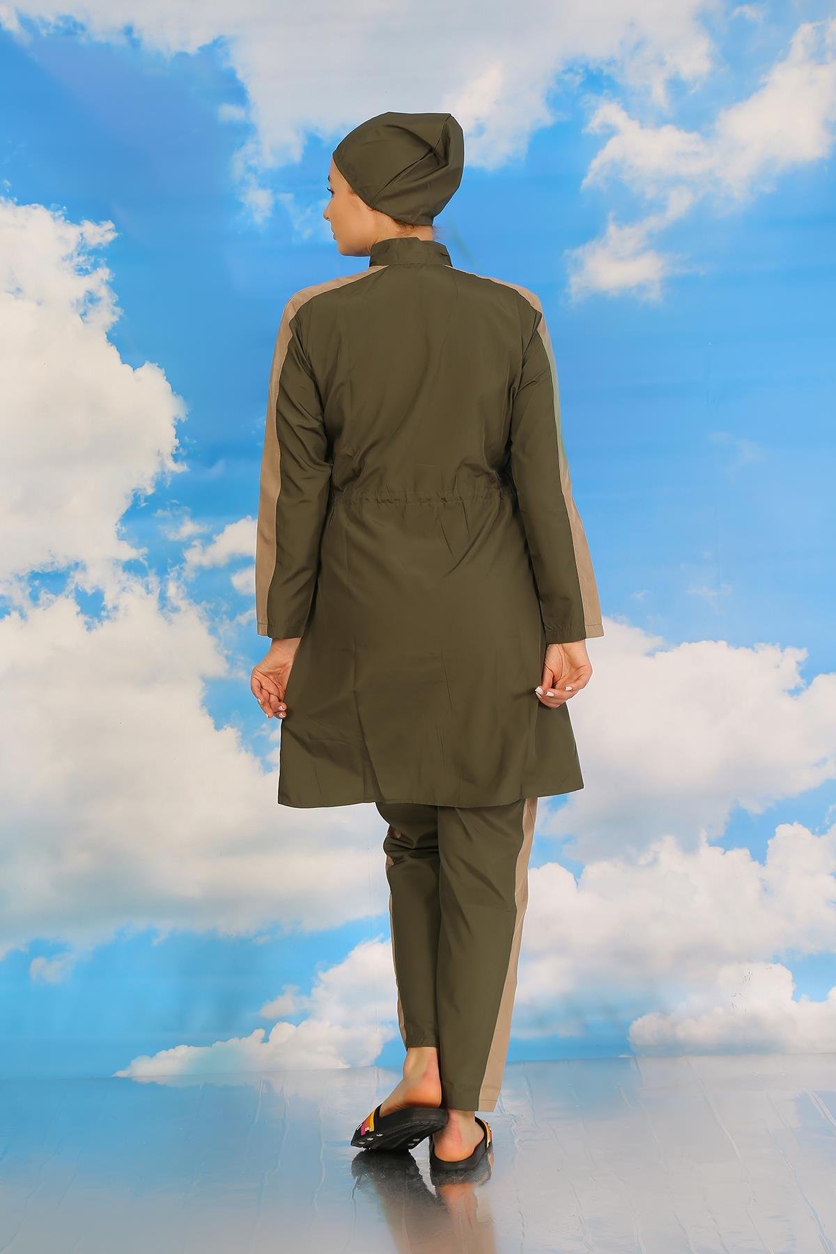 Akbeniz Kadın Pantolonlu Kolu Şeritli Tam Tesettür Mayo Haki 31065