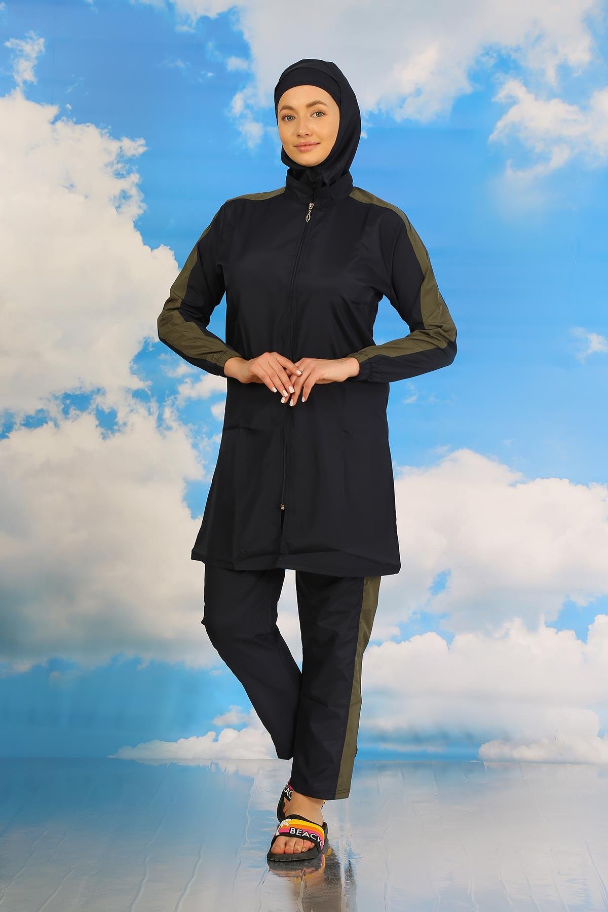 Akbeniz Kadın Pantolonlu Kolu Şeritli Tam Tesettür Mayo Lacivert 31065