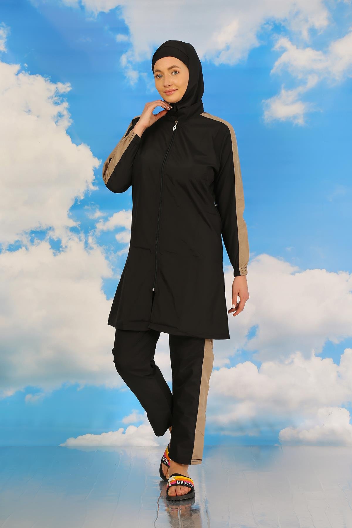 Akbeniz Kadın Pantolonlu Kolu Şeritli Tam Tesettür Mayo Siyah 31065