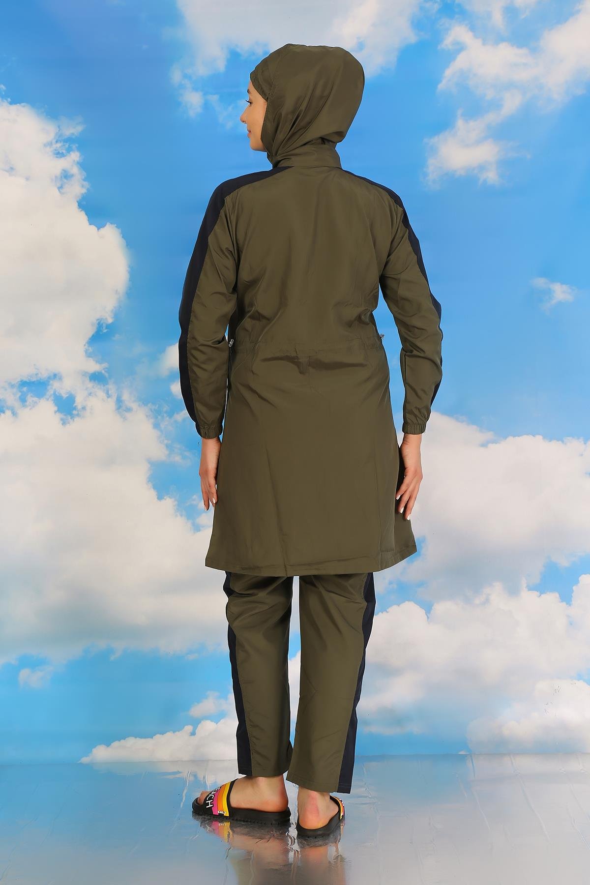 Akbeniz Kadın Pantolonlu Kolu Şeritli Tam Tesettür Mayo Haki 31066