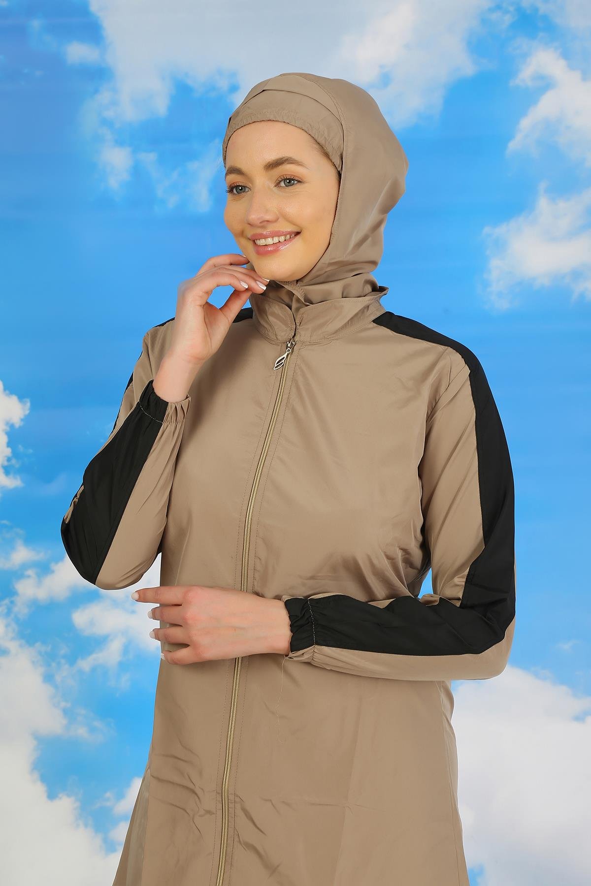 Akbeniz Kadın Pantolonlu Kolu Şeritli Tam Tesettür Mayo Bej 31066