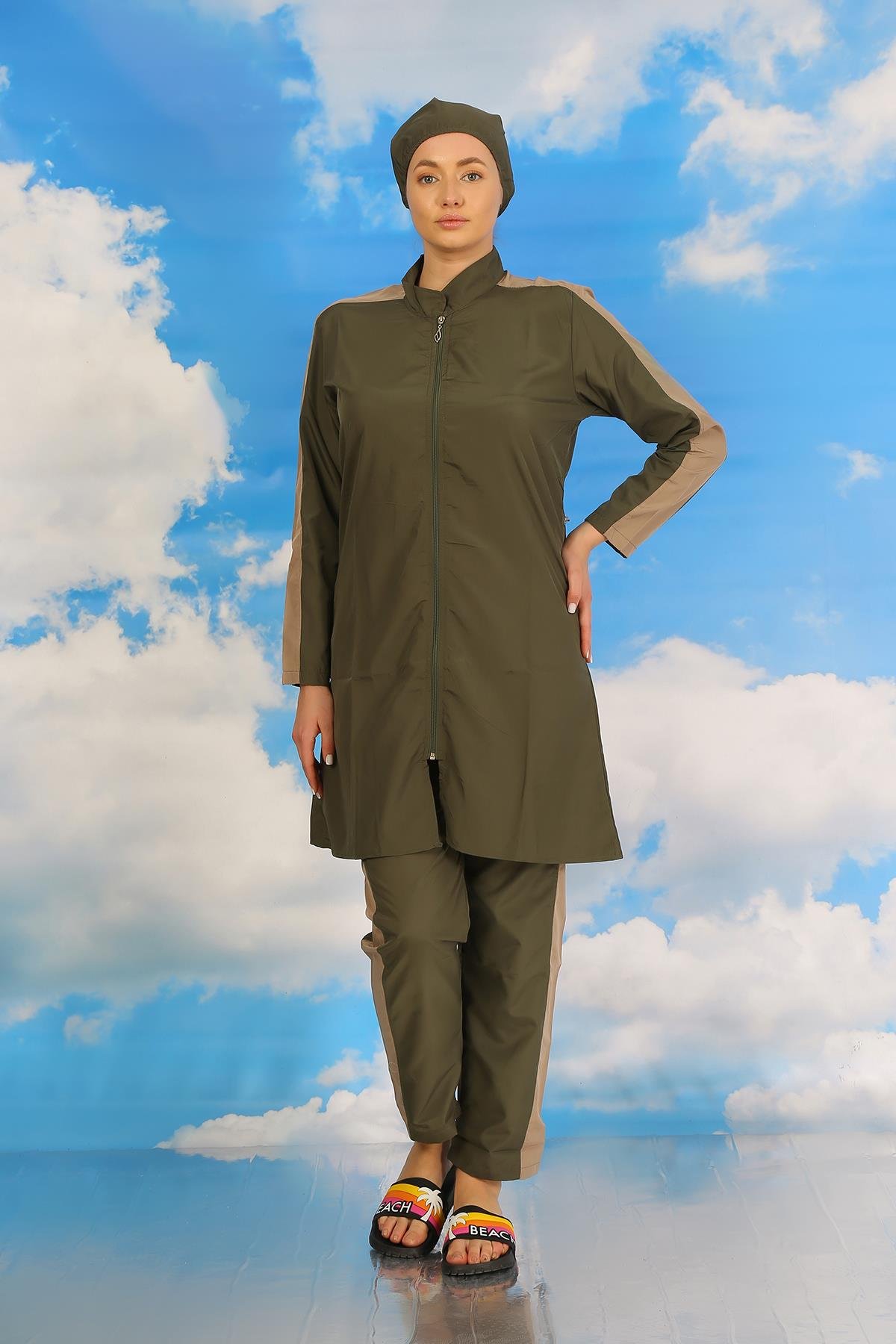 Akbeniz Kadın Pantolonlu Kolu Şeritli Tam Tesettür Mayo Haki 31065
