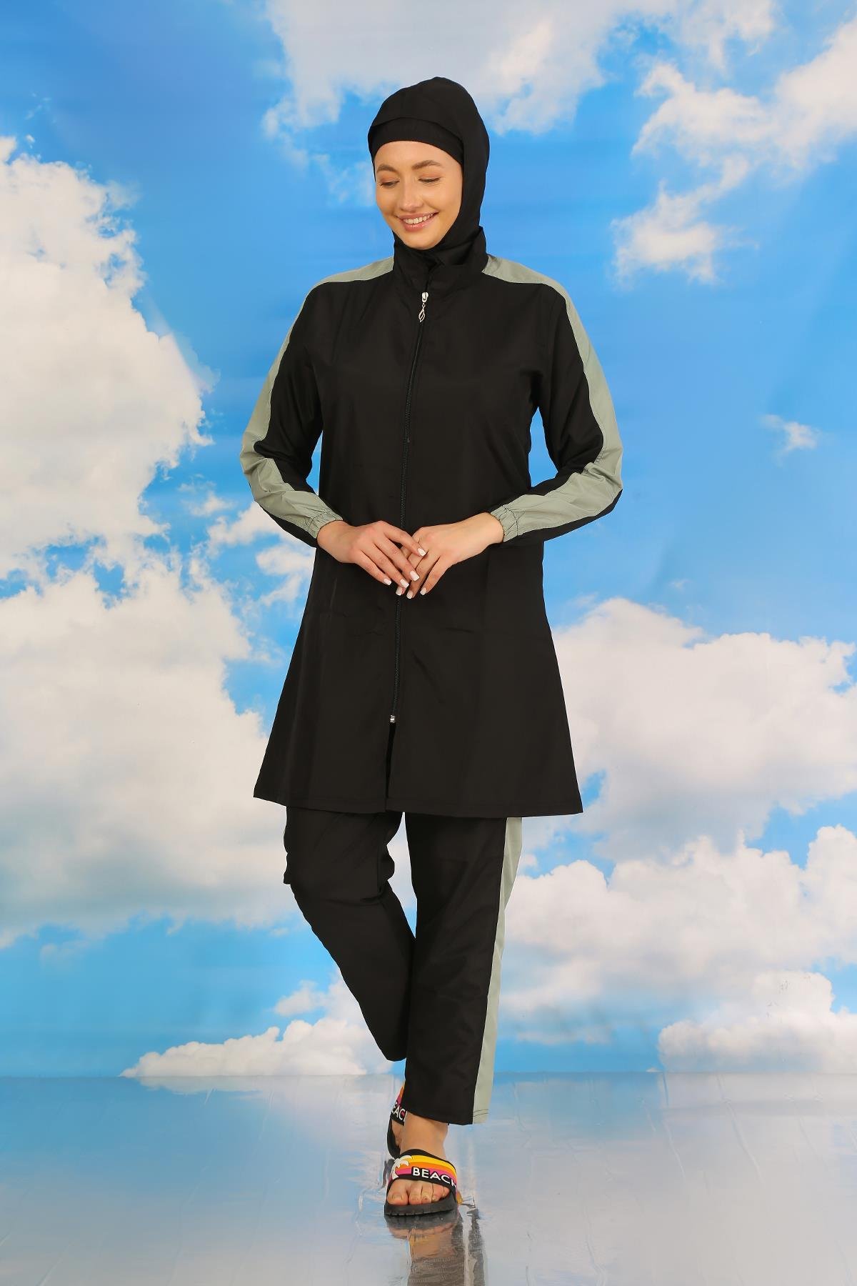 Akbeniz Kadın Pantolonlu Kolu Şeritli Tam Tesettür Mayo Siyah 31066