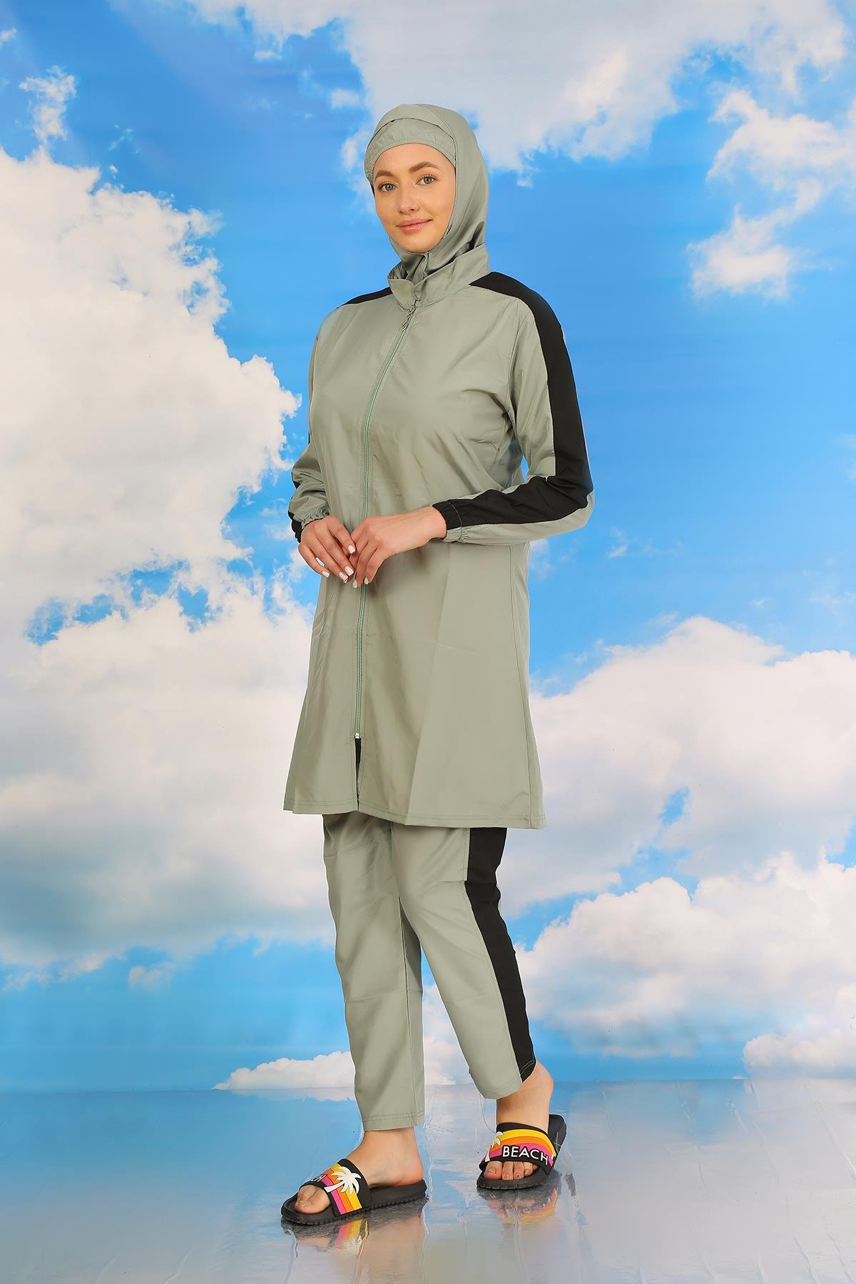 Akbeniz Kadın Pantolonlu Kolu Şeritli Tam Tesettür Mayo Su Yeşili 31065