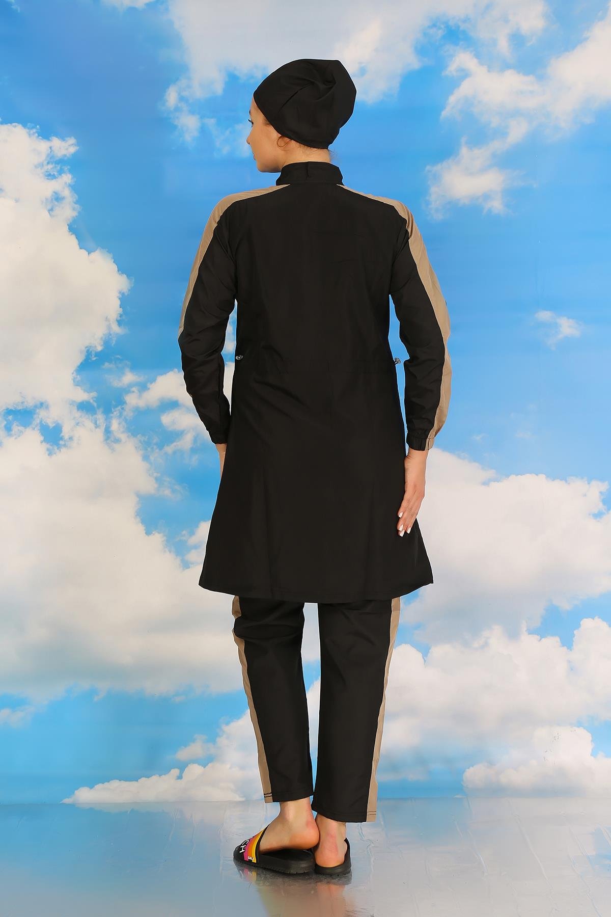 Akbeniz Kadın Pantolonlu Kolu Şeritli Tam Tesettür Mayo Siyah 31065