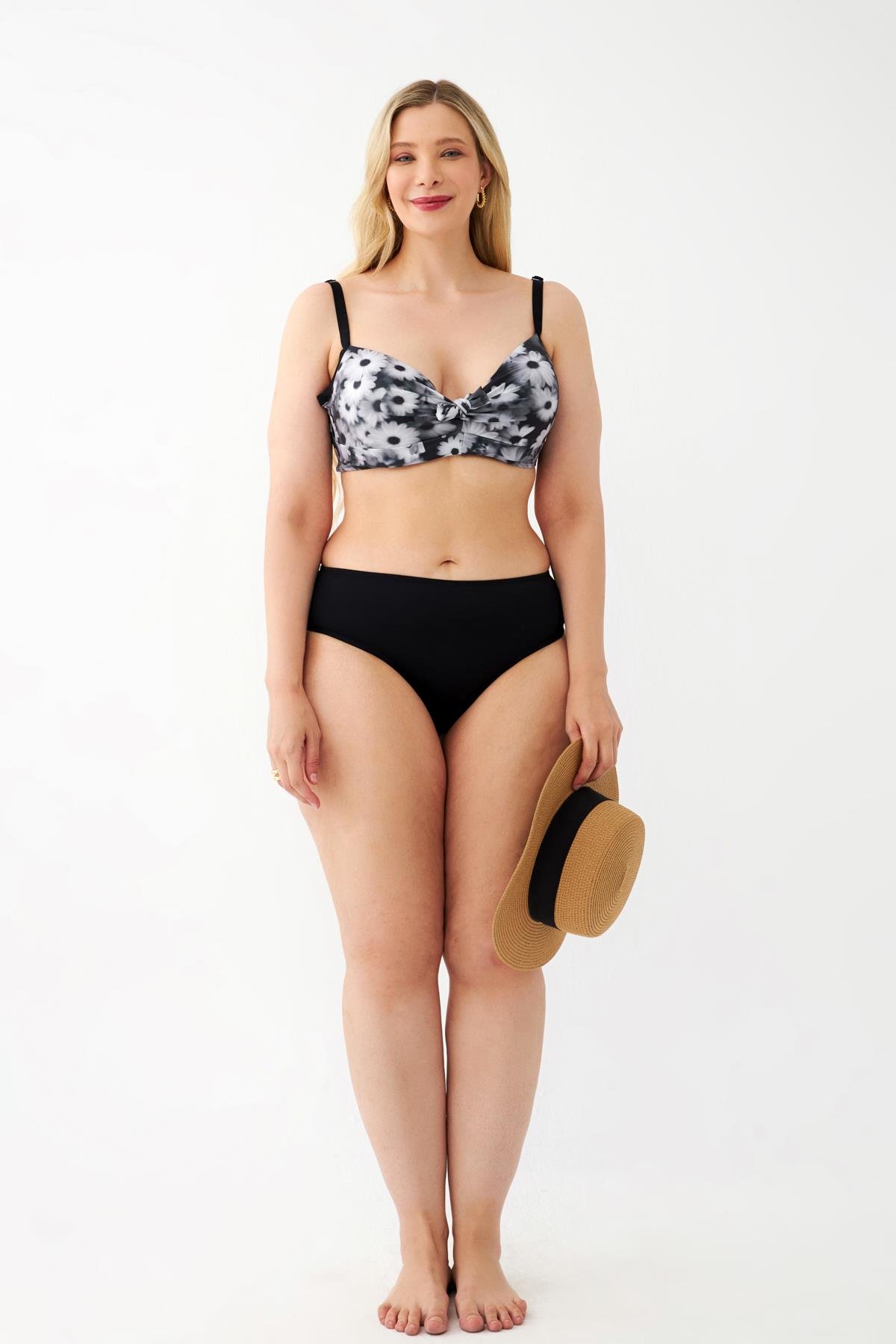 Akbeniz Kadın Papatya Desenli Gri Büyük Beden Bikini Takımı