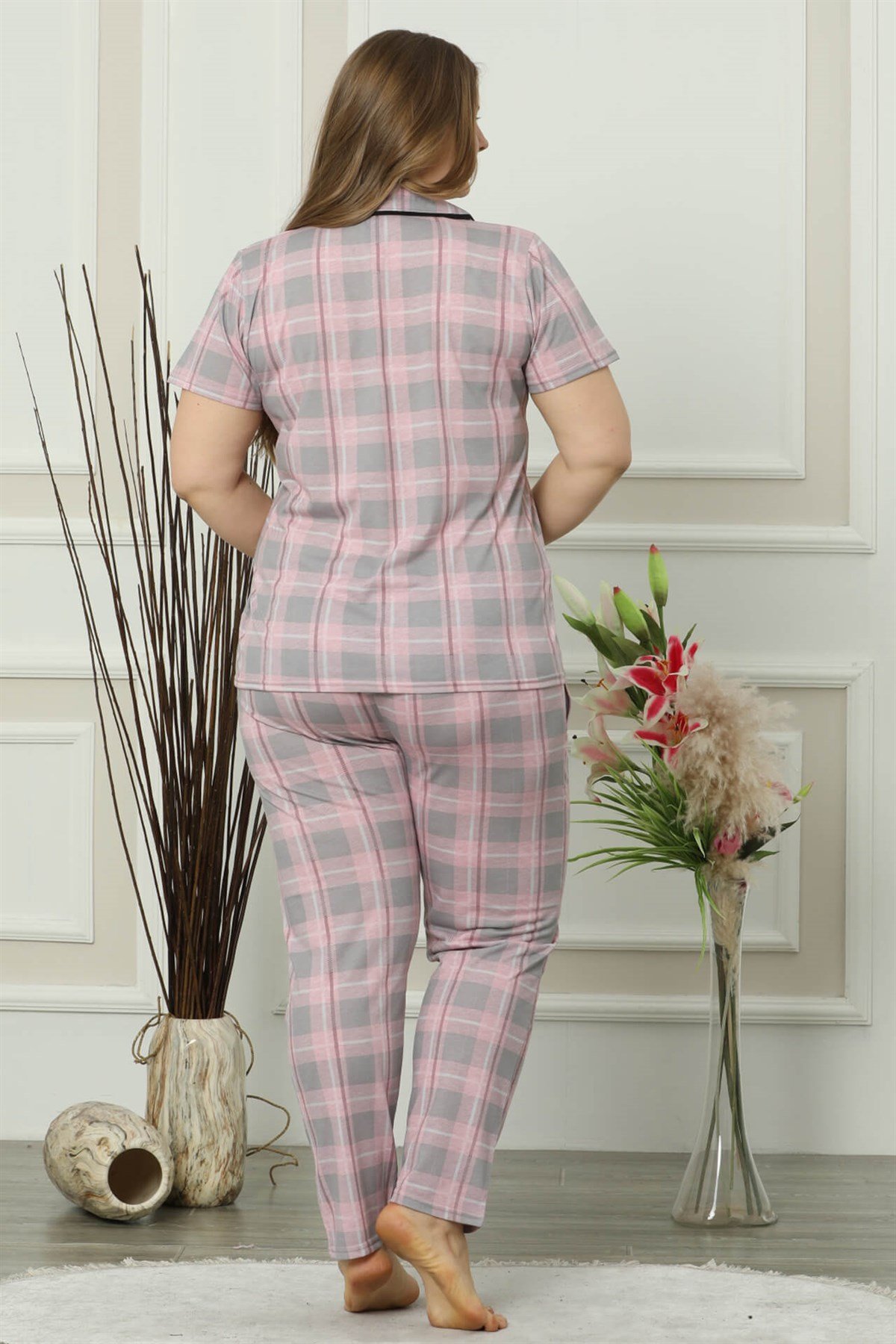 Akbeniz Kadın Pembe Gri Pamuklu Düğmeli Cepli Kısa Kol Büyük Beden Pijama Takım 202015