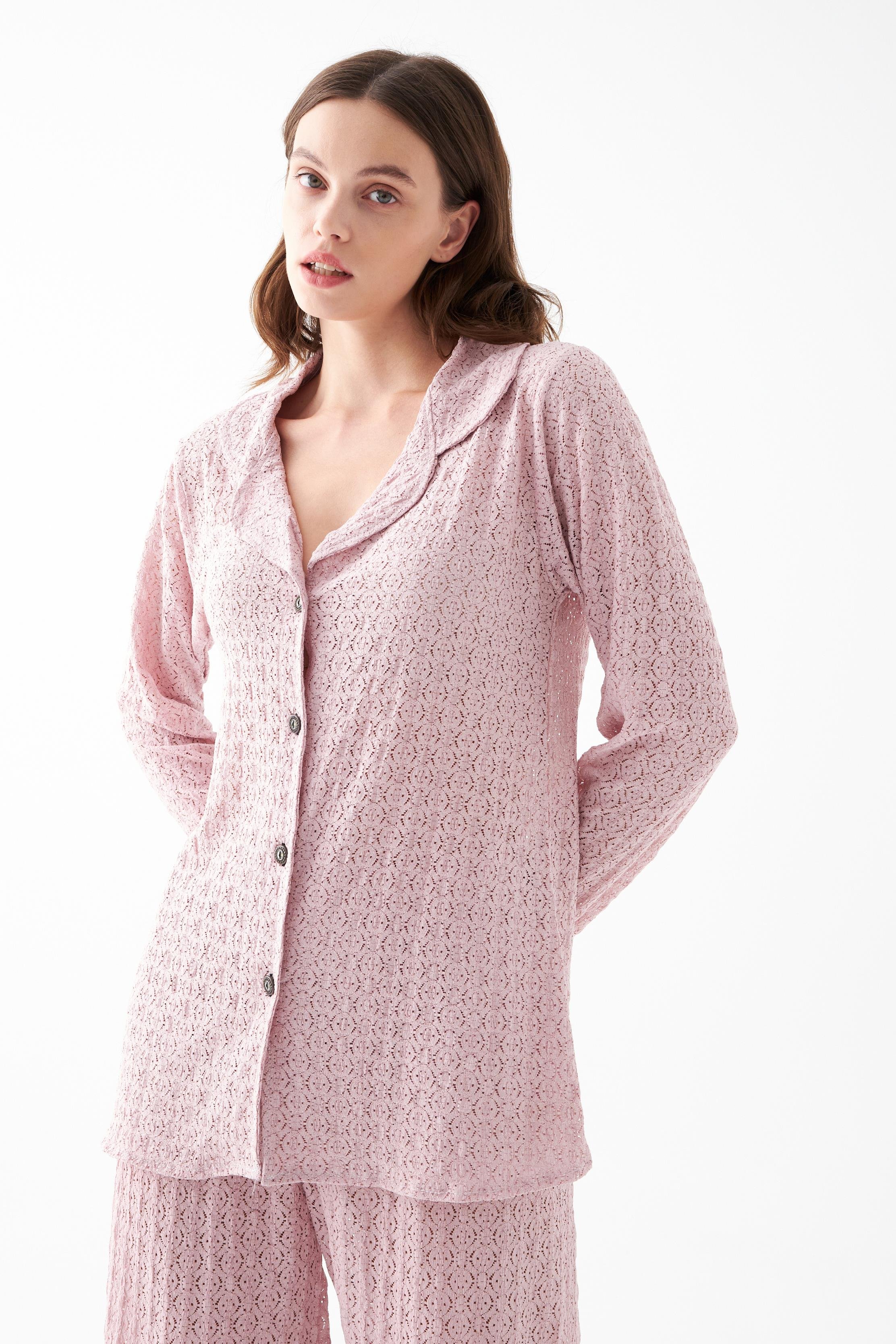 Akbeniz Kadın Pembe Önden Düğmeli Rahat Kesim Pijama Takımı