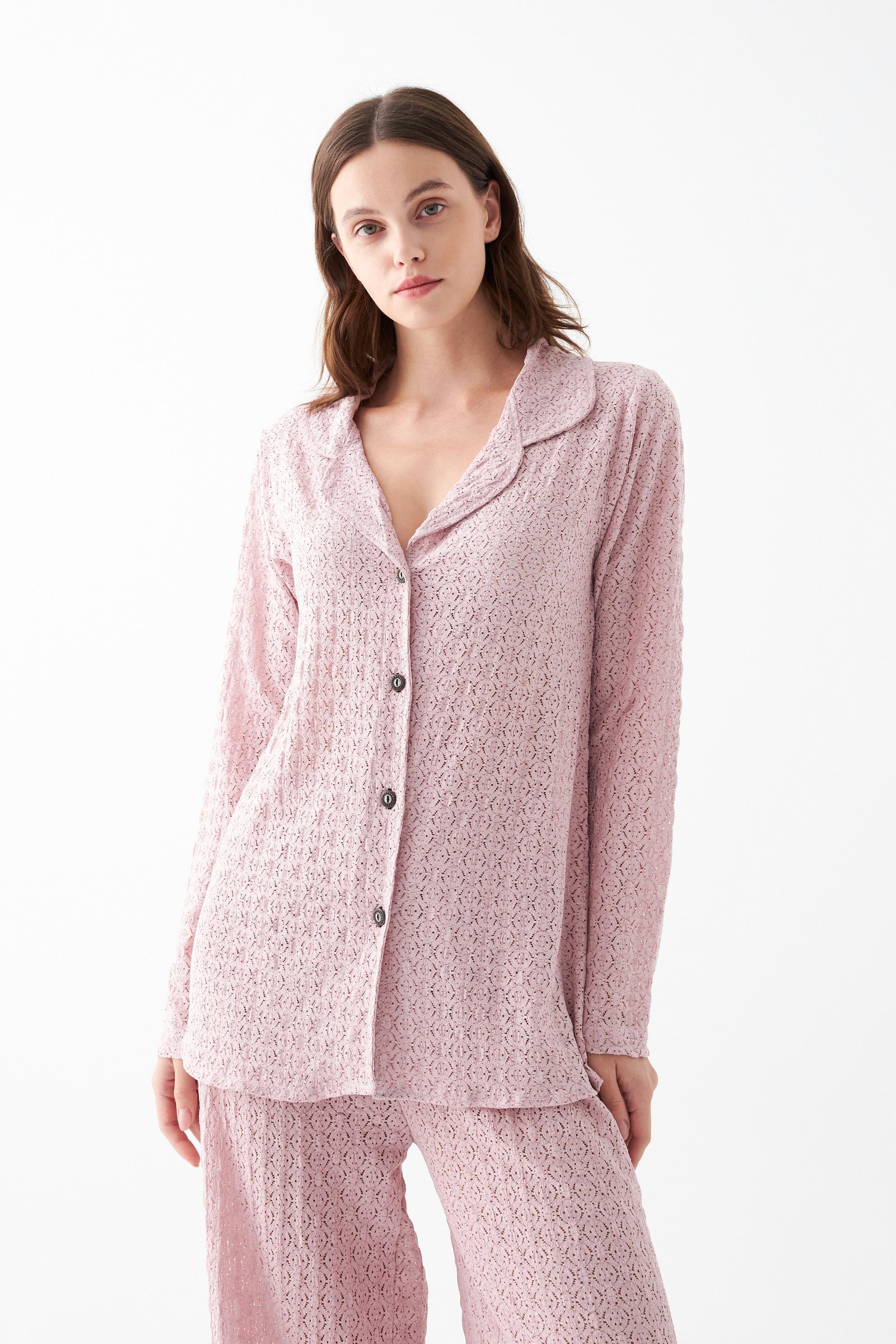Akbeniz Kadın Pembe Önden Düğmeli Rahat Kesim Pijama Takımı