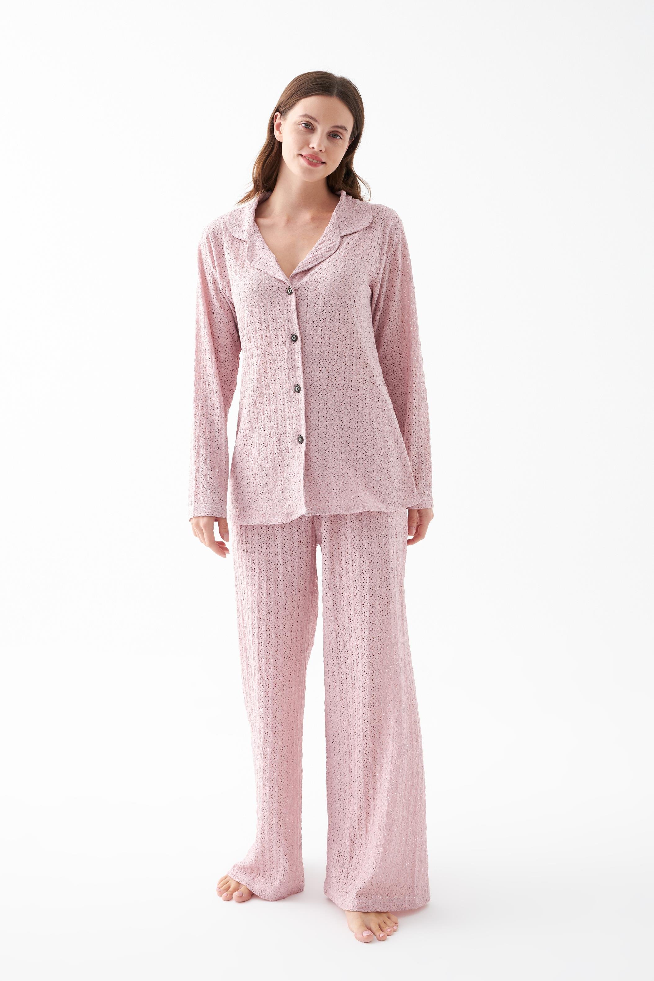 Akbeniz Kadın Pembe Önden Düğmeli Rahat Kesim Pijama Takımı