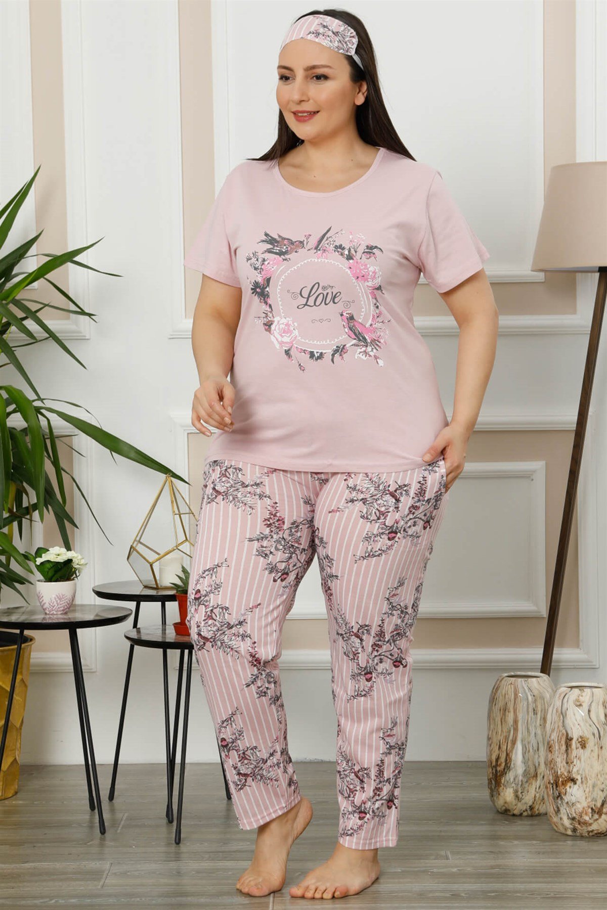 Akbeniz Kadın Pembe Pamuklu Cepli Kısa Kol Büyük Beden Pijama Takım 202001