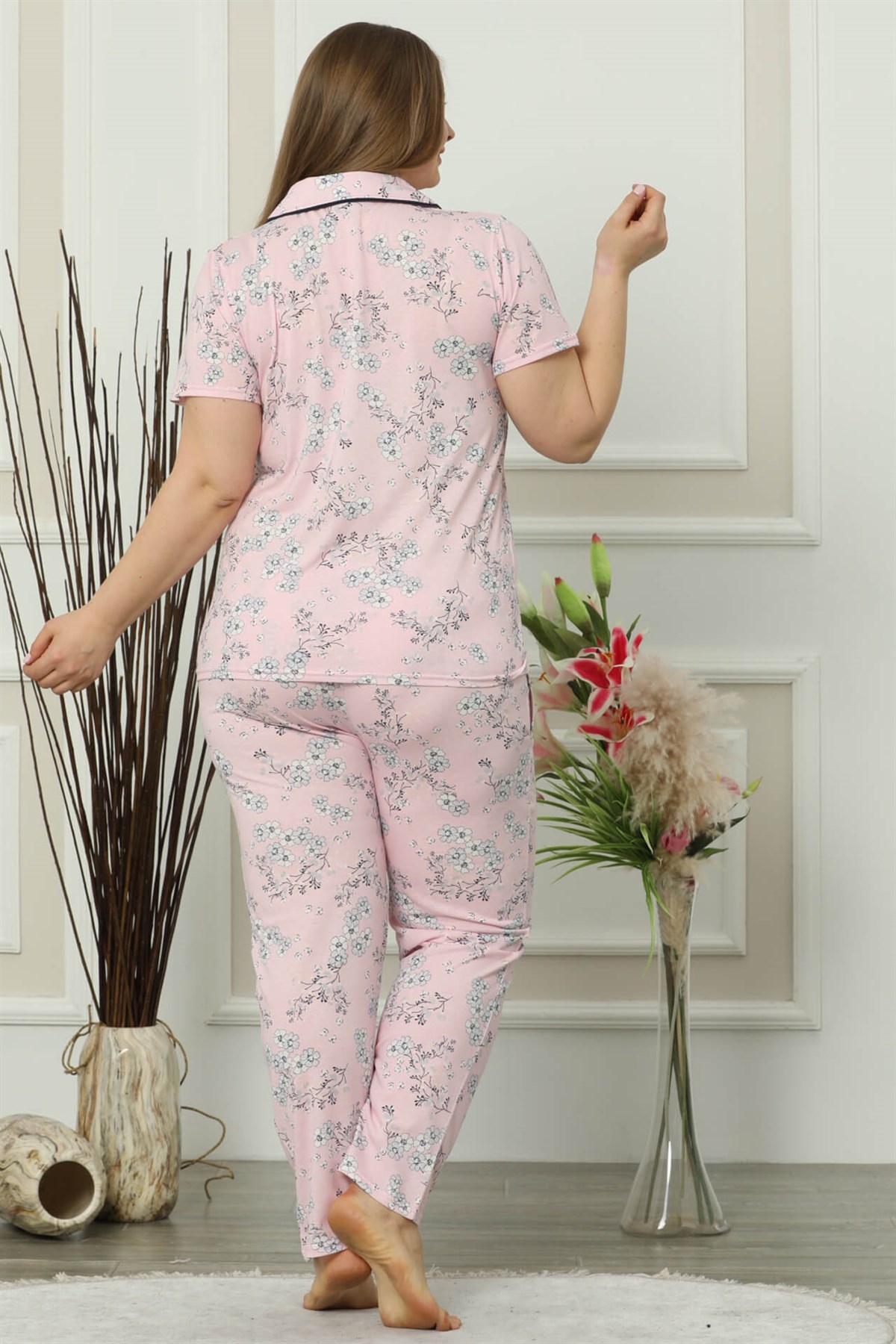 Akbeniz Kadın Pembe Pamuklu Düğmeli Cepli Kısa Kol Büyük Beden Pijama Takım 202011