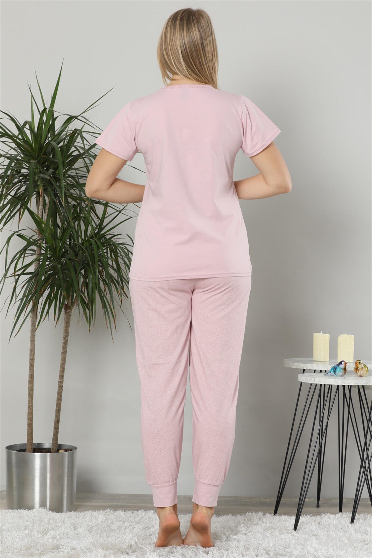 Akbeniz Kadın Pembe Renk Pamuklu Cepli Kısa Kol Ribana Paça Pijama Takım 2504