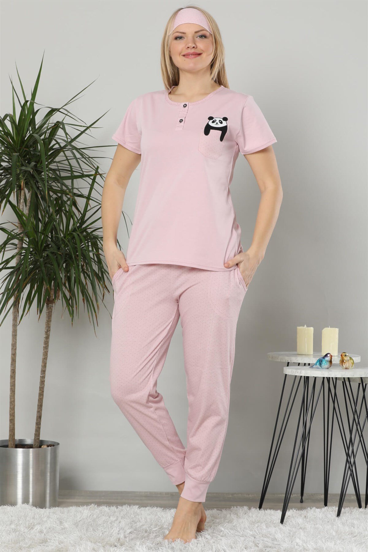 Akbeniz Kadın Pembe Renk Pamuklu Cepli Kısa Kol Ribana Paça Pijama Takım 2504