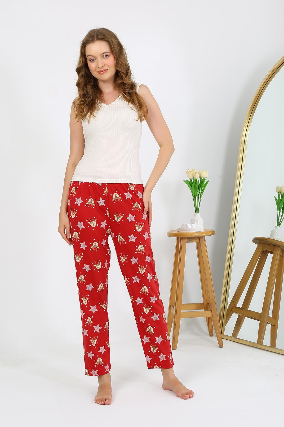 Akbeniz Kadın Penye Desenli Tek Alt Pijama 27530 Bordo