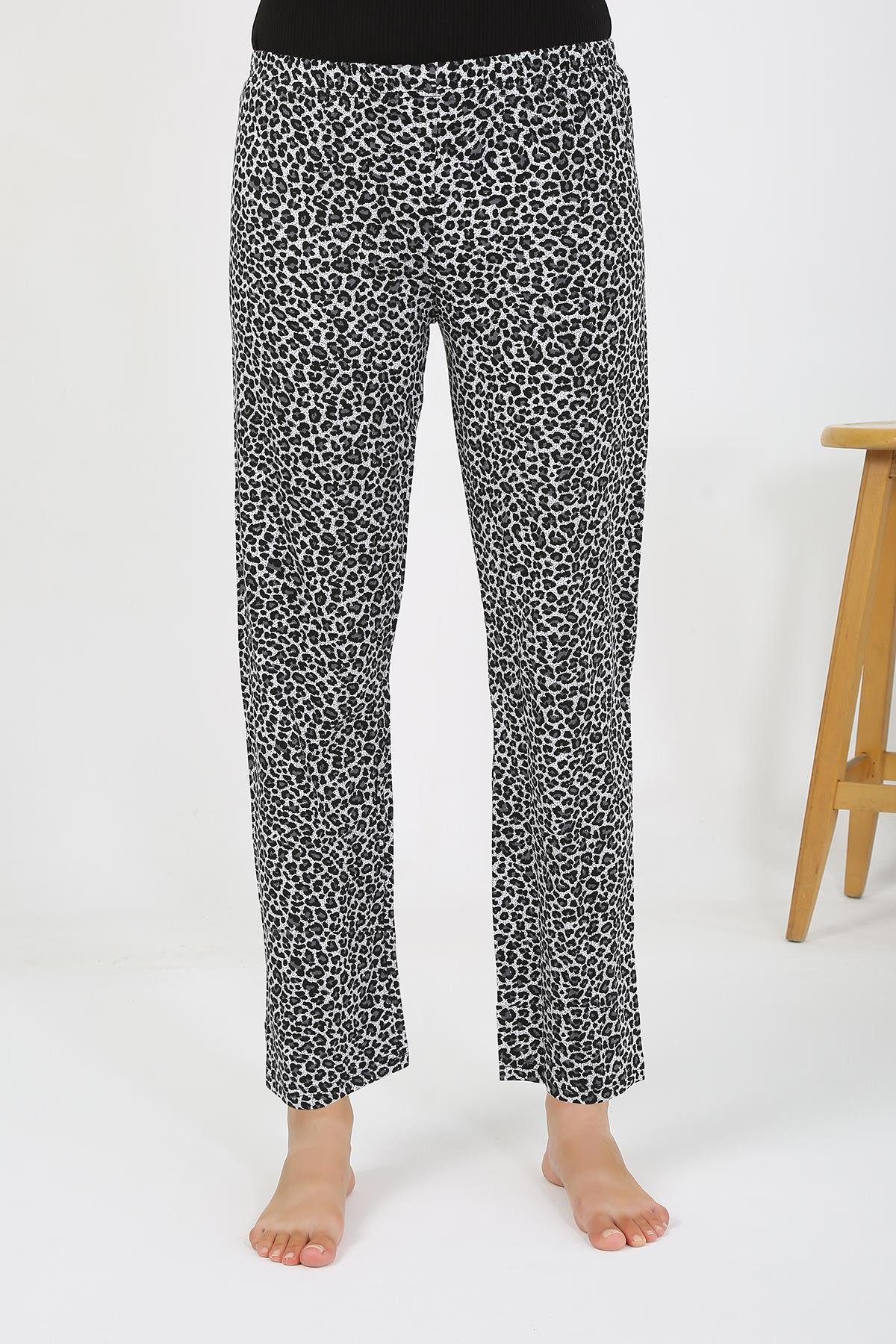 Akbeniz Kadın Penye Leopar Desenli Tek Alt Pijama 27536 Gri