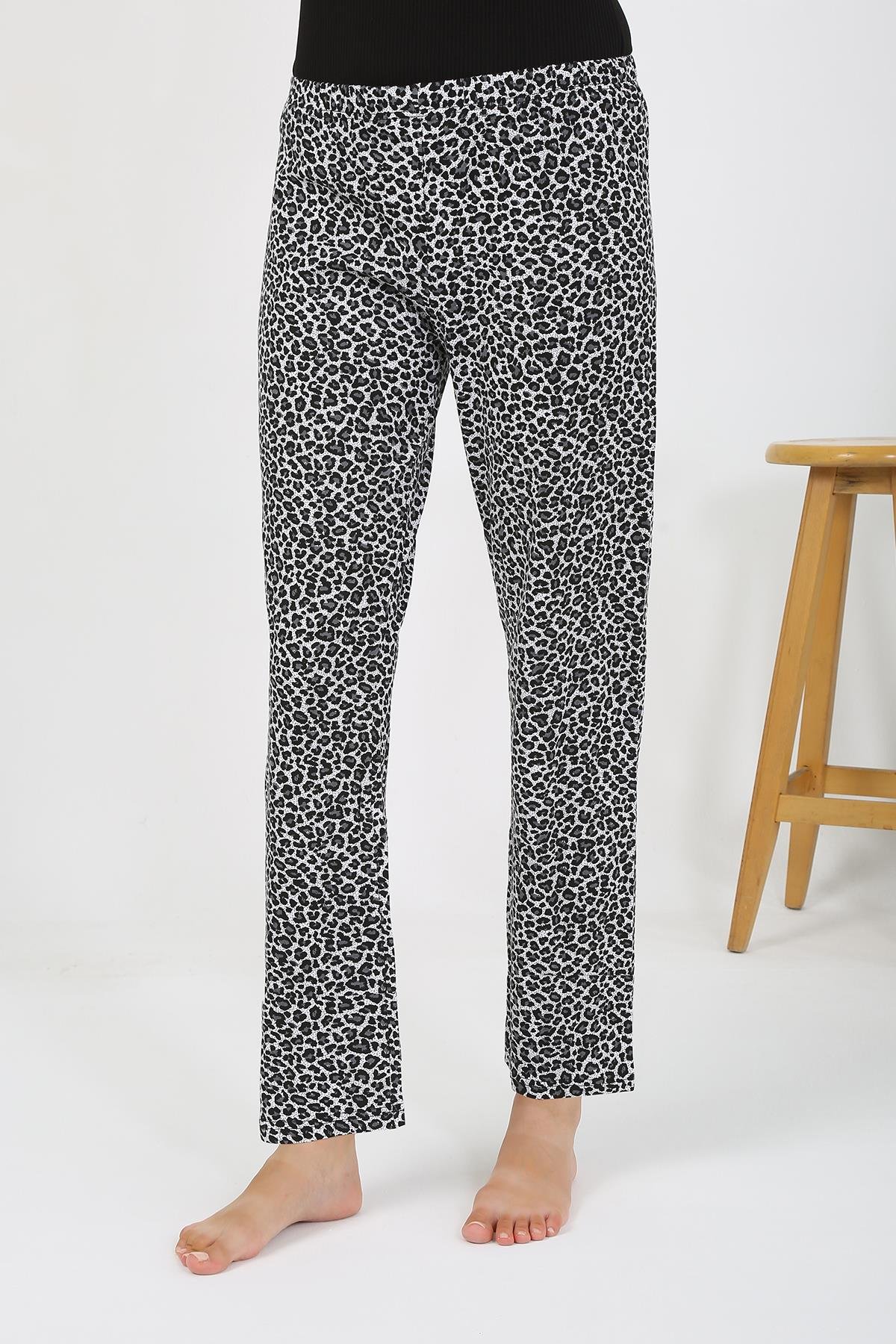 Akbeniz Kadın Penye Leopar Desenli Tek Alt Pijama 27536 Gri
