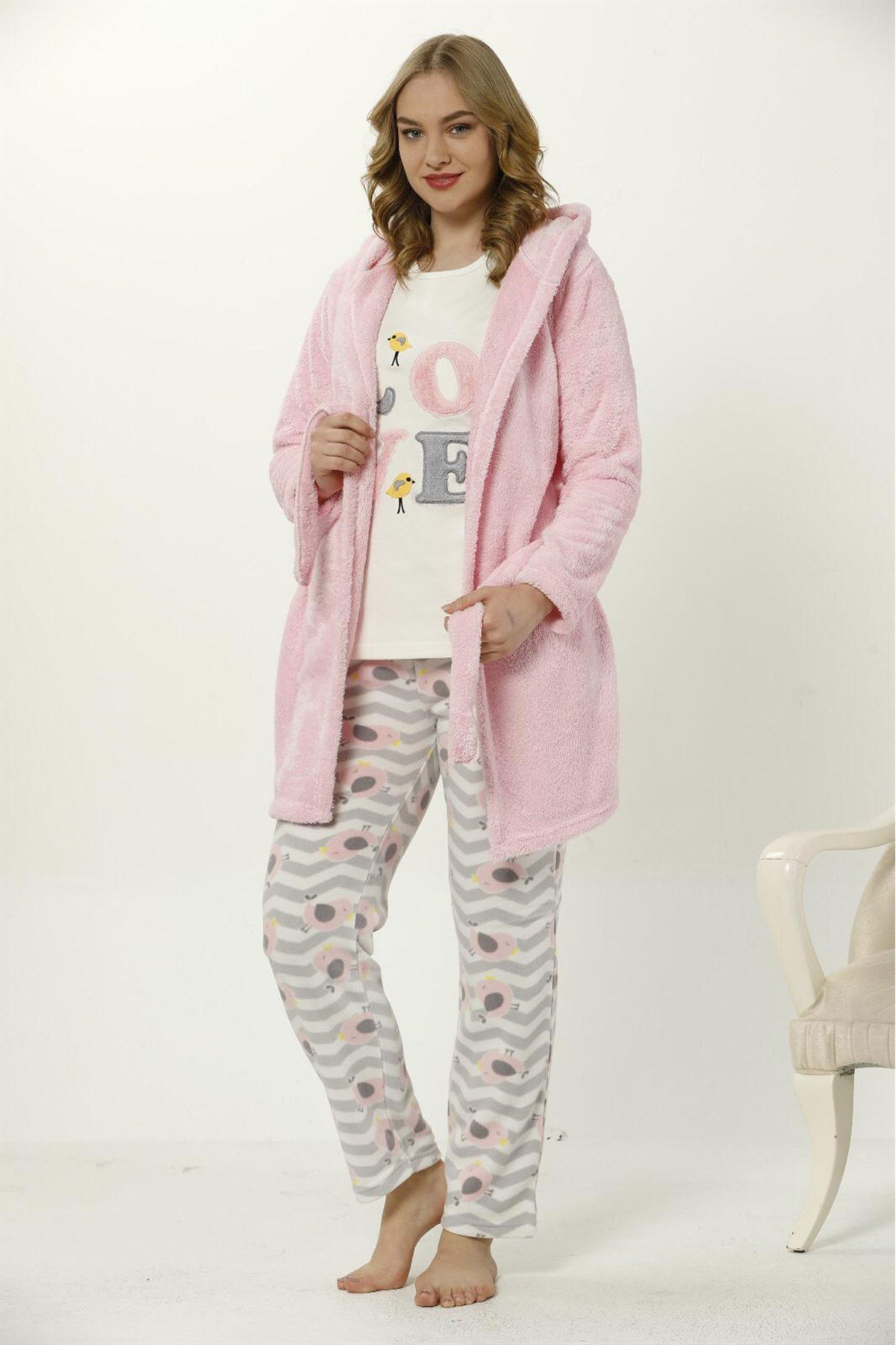 Akbeniz Kadın Polar Love Yazılı Pembe 3'lü Pijma Takımı 8062