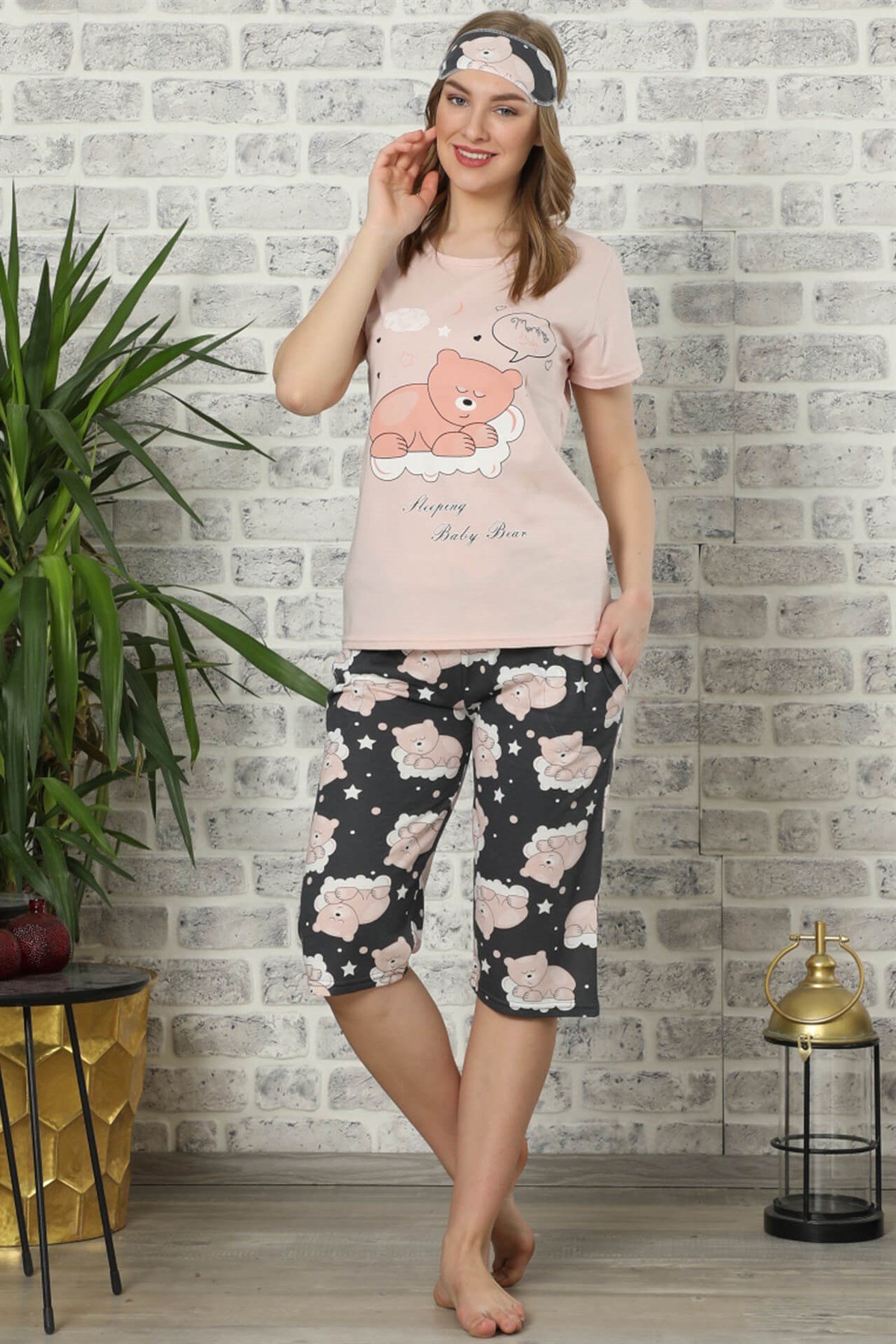 Akbeniz Kadın Pudra Pamuklu Cepli Kapri Pijama Takım 3507