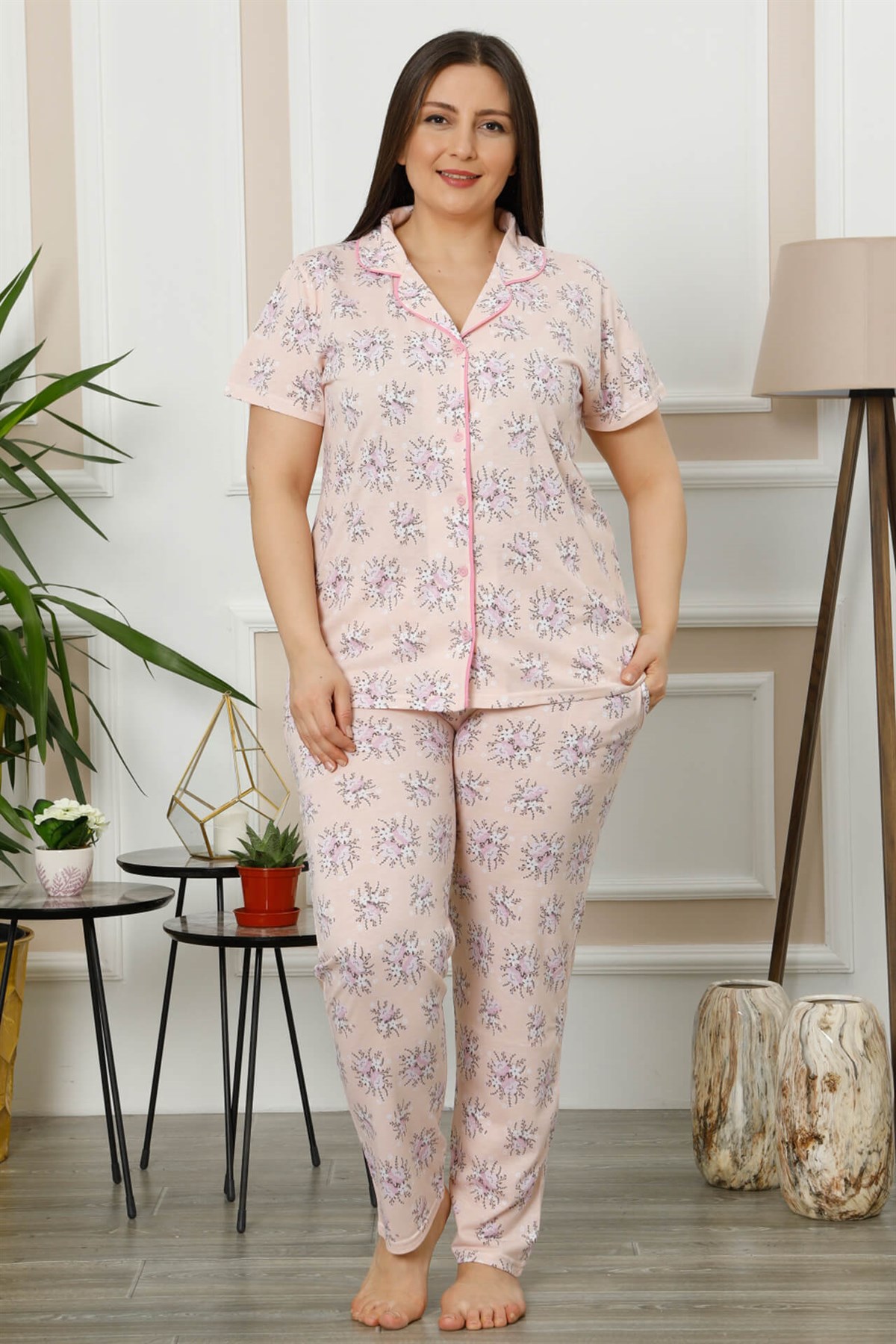 Akbeniz Kadın Pudra Pamuklu Düğmeli Cepli Kısa Kol Büyük Beden Pijama Takım 202005