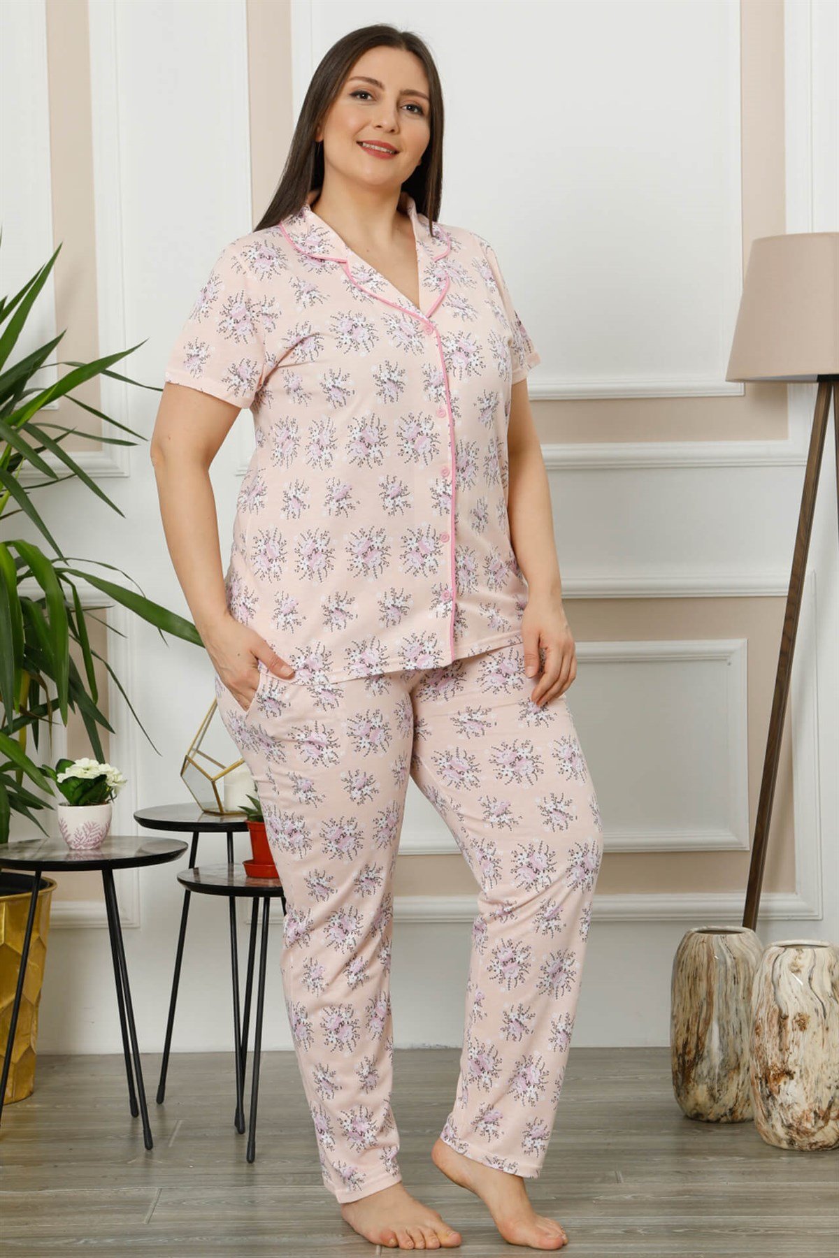 Akbeniz Kadın Pudra Pamuklu Düğmeli Cepli Kısa Kol Büyük Beden Pijama Takım 202005
