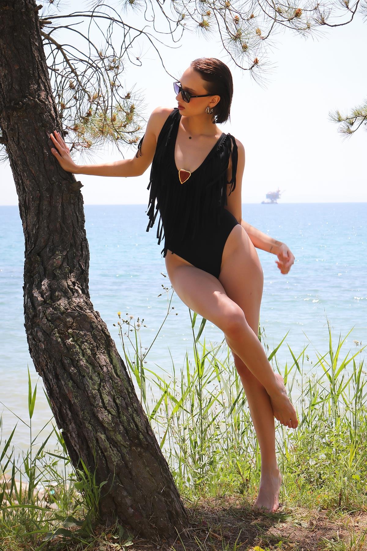 Akbeniz Kadın Püsküllü Mayo Siyah 34023