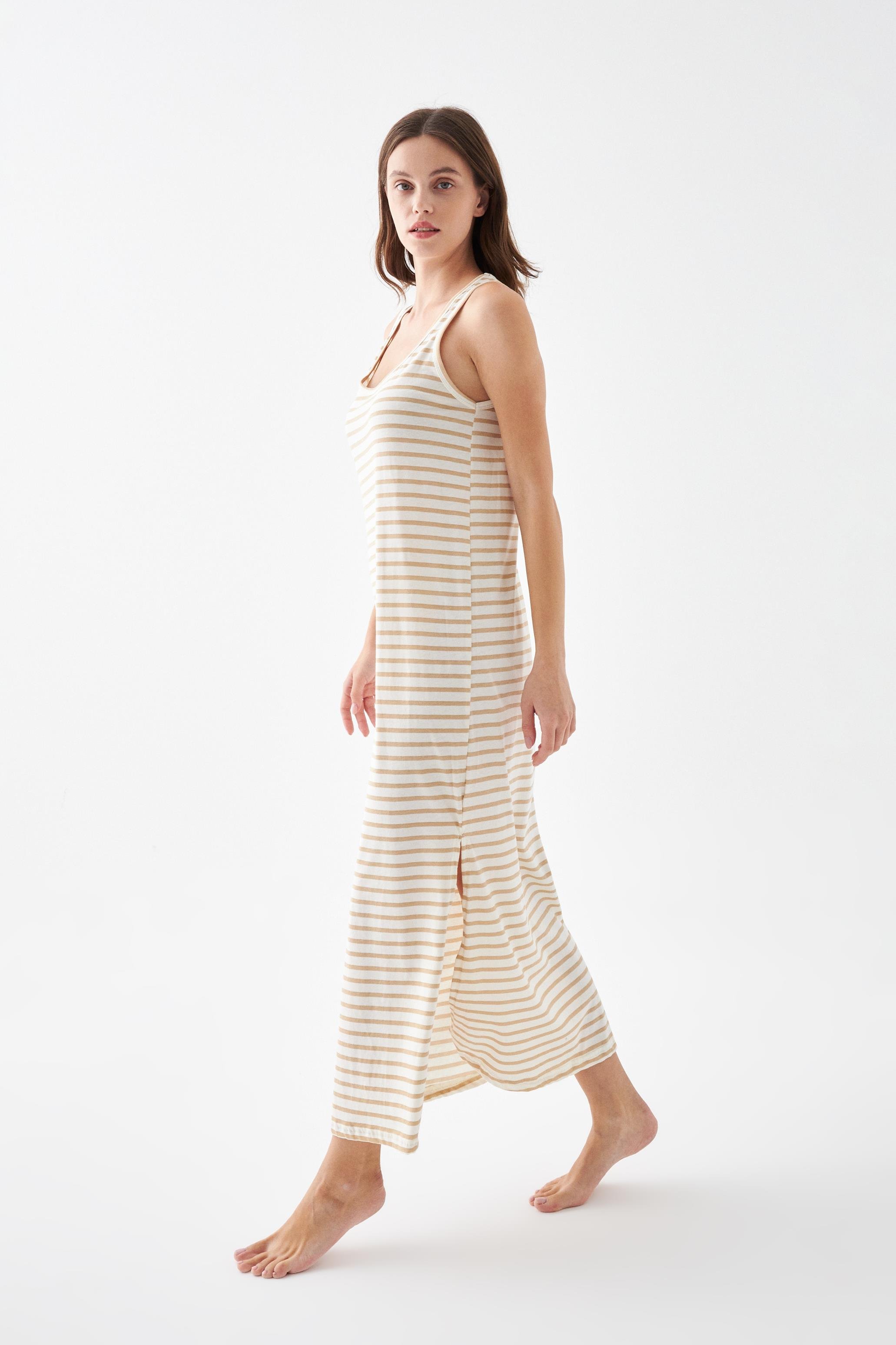 Akbeniz Kadın Sarı Çizgili Askılı Uzun Gecelik