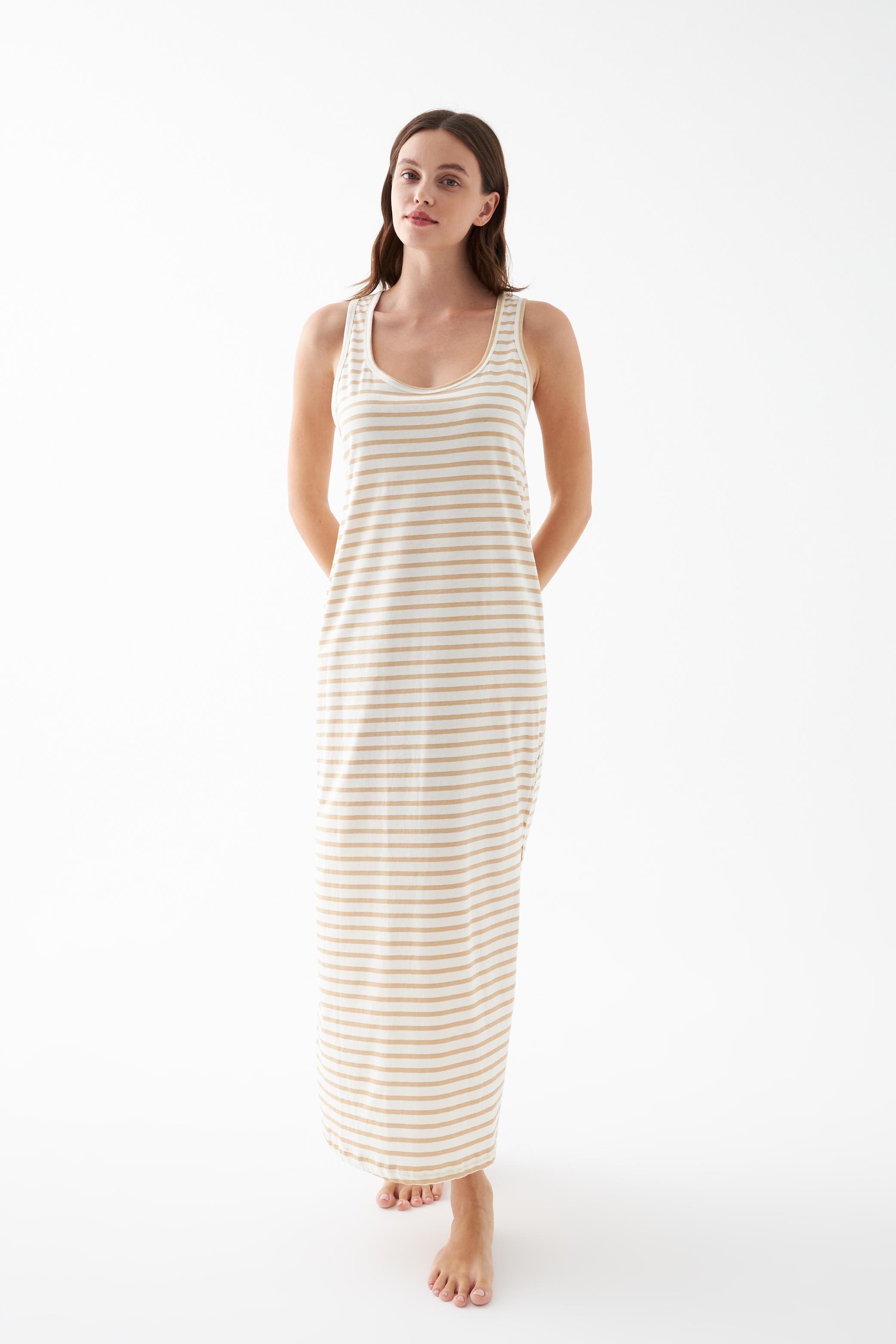 Akbeniz Kadın Sarı Çizgili Askılı Uzun Gecelik