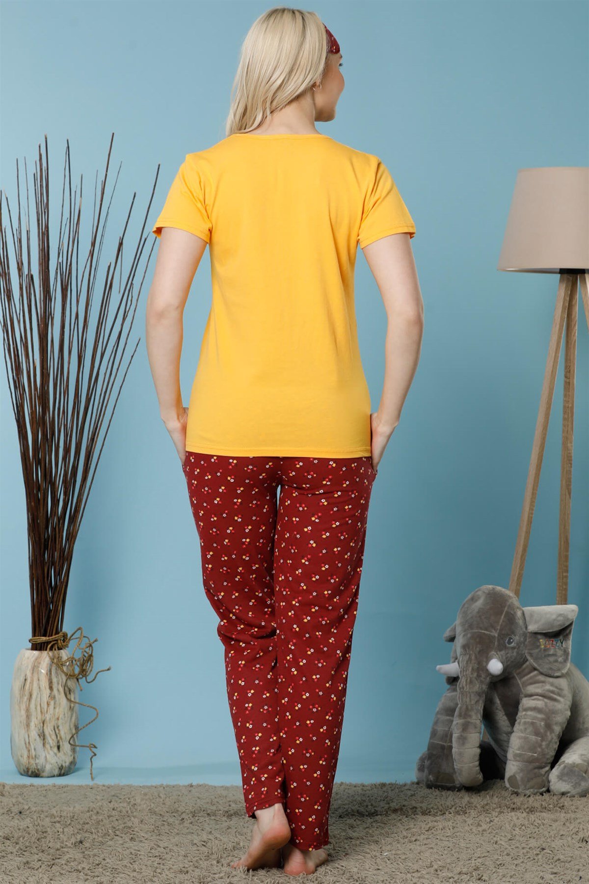 Akbeniz Kadın Sarı Renk Pamuklu Cepli Kısa Kol Pijama Takım 2525